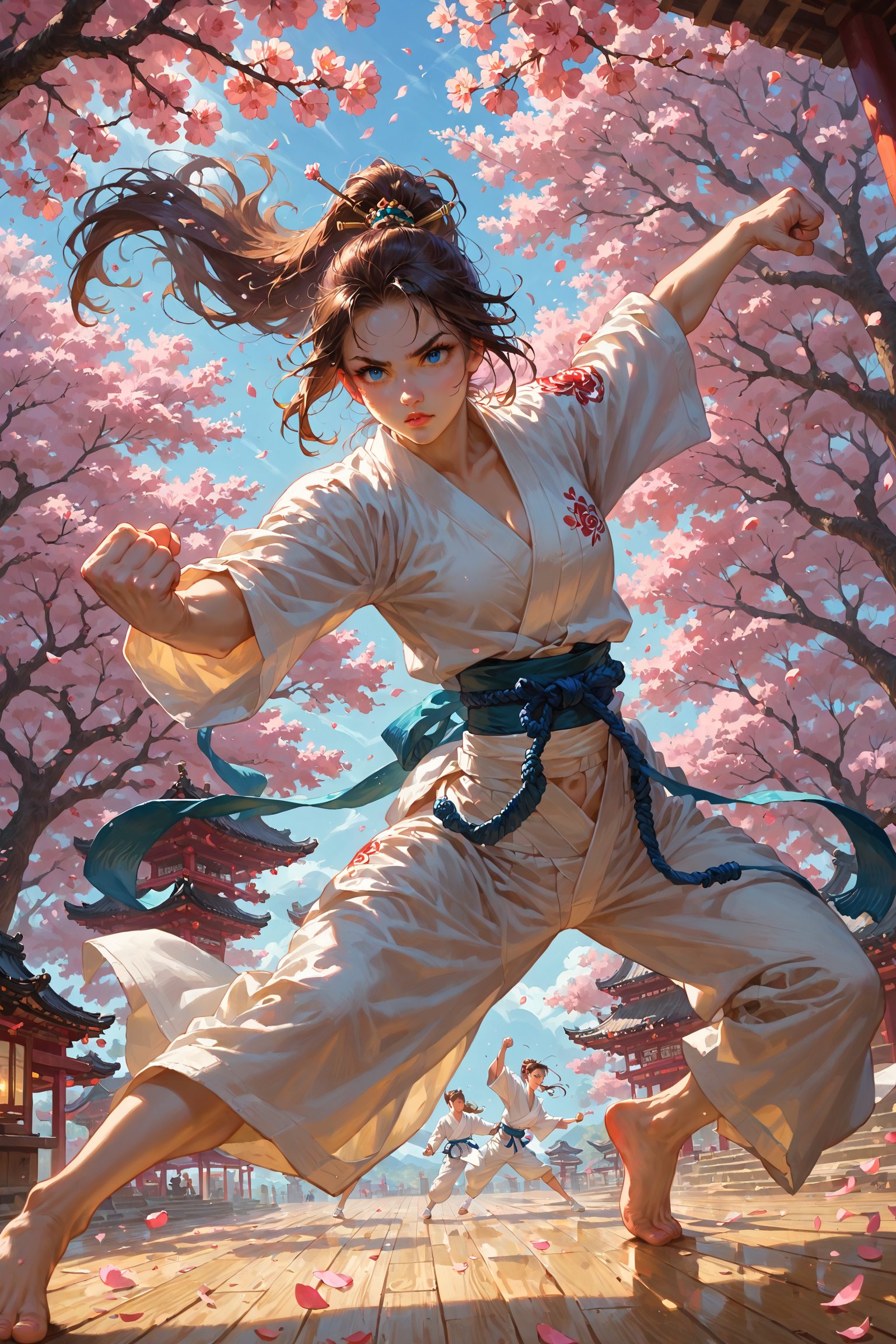 score_9,score_8_up,score_7_up,source_anime, BREAK (masterpiece), best quality. Create an image of a martial artist woman with a youthful and athletic appearance. She has long, flowing brown hair tied back in a high ponytail, and she is wearing a traditional karate gi with a blue belt tied firmly around her waist. Her bright blue eyes reflect determination and strength. She stands in a fighting stance, with one fist raised and her feet planted firmly on the ground. The setting is a sunlit dojo, with wooden floors and paper lanterns casting soft light. In the background, cherry blossom trees are in full bloom, their petals gently floating through the air, adding a serene contrast to her powerful stance. Her expression is calm yet focused, ready for the next move.