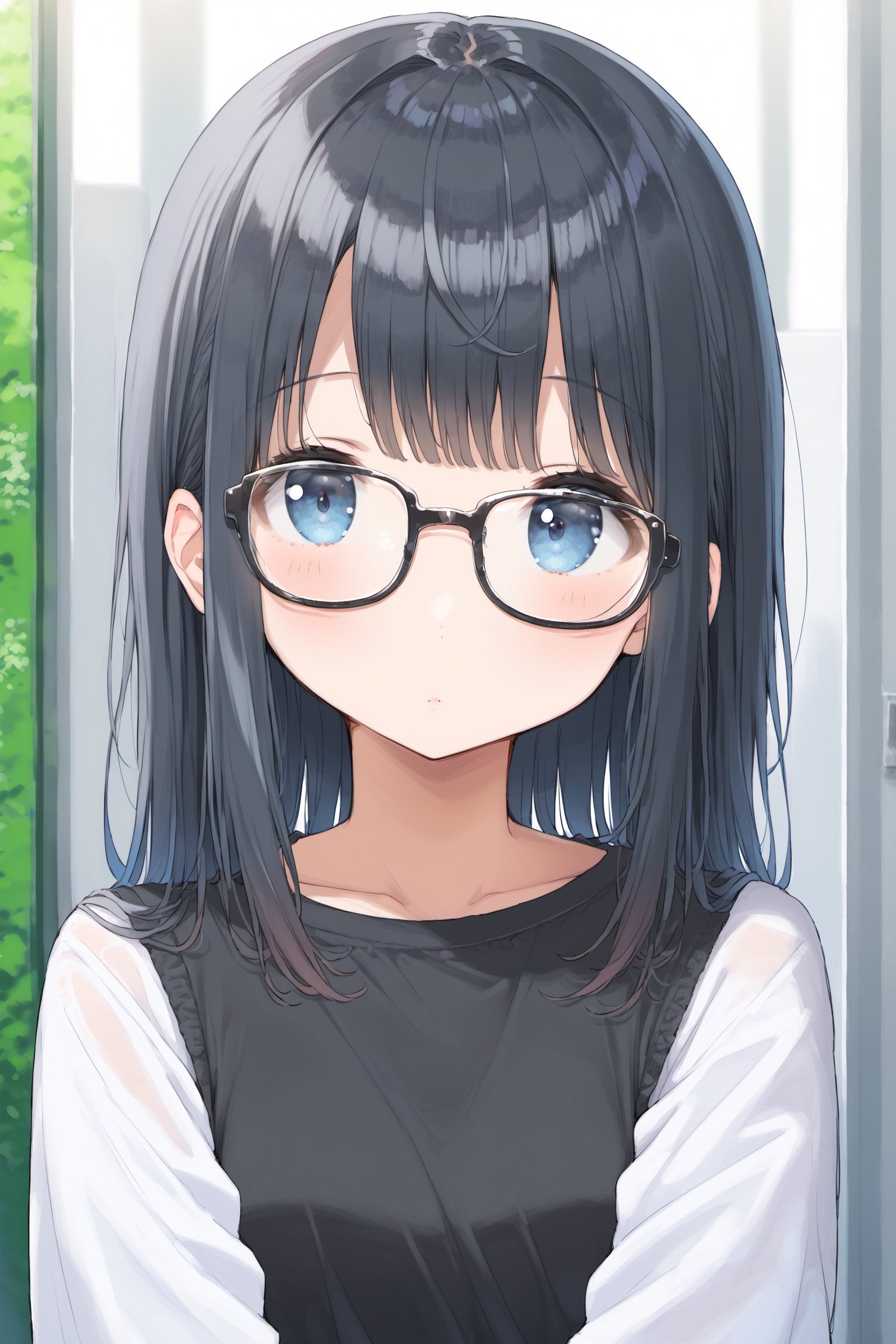 masterpiece, best quality:1.4), portrait Solo, female, woman, european, blue eyes, glasses, soft hair, black hair, ,lon bangs, long black hair, pale skin, casual clothes, cute,