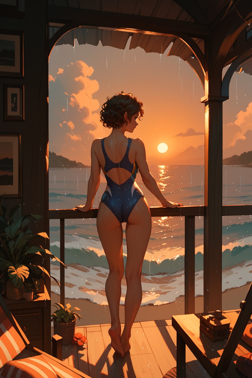 (score_9,score_8_up,score_7_up),1girl, solo, indoors, medium_sized_chest, curly_short_dark_brown_hair, dark_brown_eyes, half Irish half English ethnicity, light skin complexion, 21 years old, swimsuit , silhouette, sunset, beach, rainy, picturesque