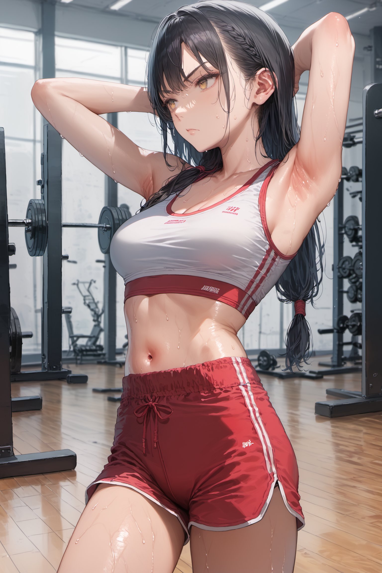 score_9, score_8_up, score_7_up, source_anime, masterpiece, absurdres, (rating_safe), low-tied long hair, black hair, velvetcrowe, vibrant golden eyes, serious face, sweating, slender, medium breasts, white and red cropped gym top, black and red gym shorts, midriff, stretching, exercising, gym background, perfect hands