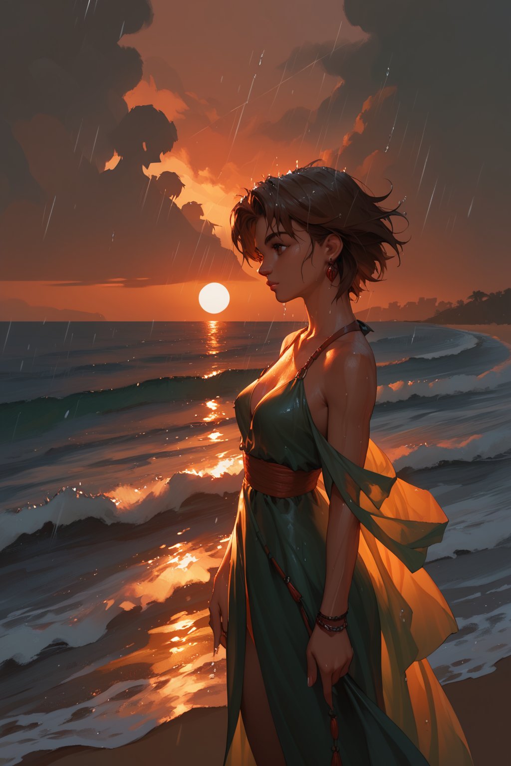 (score_9,score_8_up,score_7_up),1girl, solo, small_sized_chest, 80s_short_dark_brown_hair, dark_brown_eyes, half Irish half English ethnicity, light skin complexion, 21 years old, 60s clothing style , silhouette, sunset, beach, rainy, picturesque