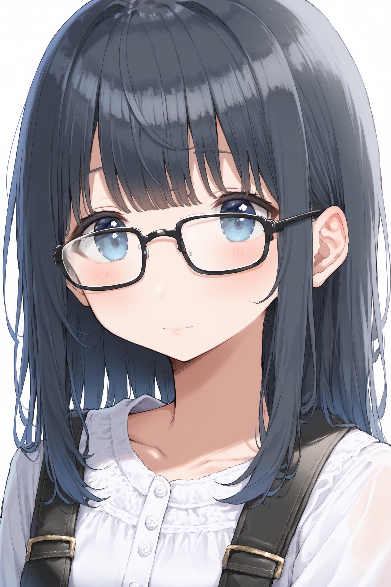 masterpiece, best quality:1.4), portrait Solo, female, woman, european, blue eyes, glasses, soft hair, black hair, ,lon bangs, long black hair, pale skin, casual clothes, cute,