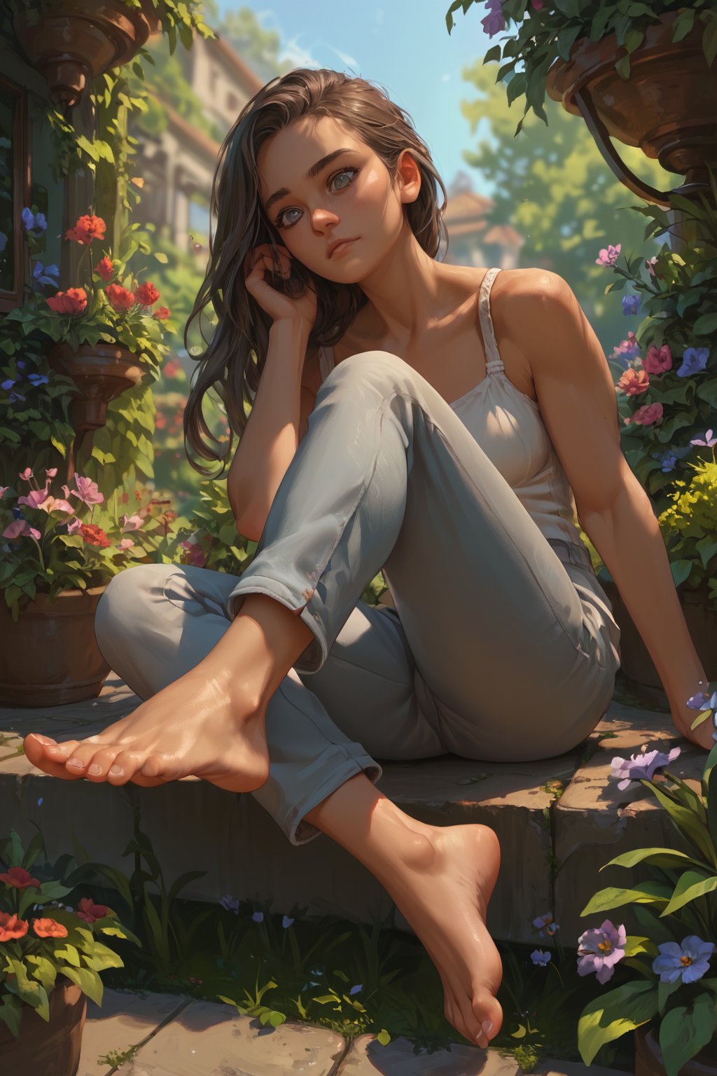 score_9, score_8_up, score_7_up, BREAK, beatiful woman, garden, portrait, highly detailed, detailed skin, grey eyes, pants, bare feet, feet focus