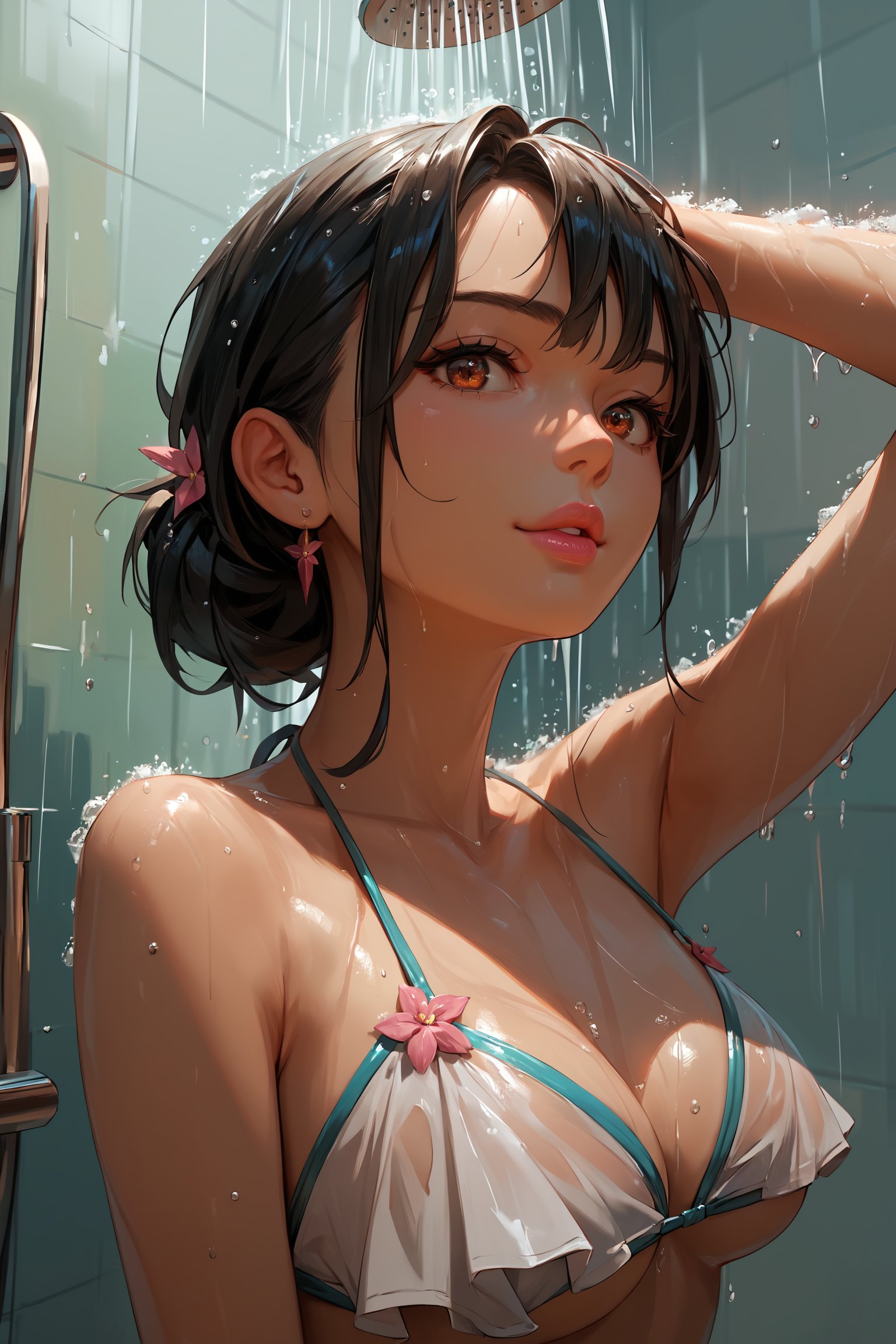 score_9, score_8_up, score_7_up, score_6_up, score_5_up, score_4_up, anime_source, (masterpiece), best quality, best face, pink lips, brown eyes, black hair, small bust, attention to detail face, extremely attractive girl. She is showering in a bikini.