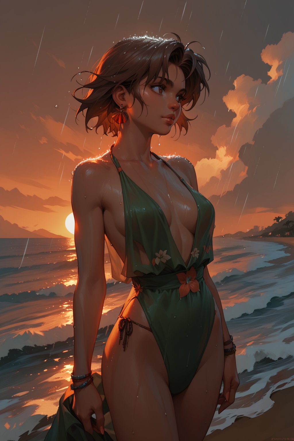 (score_9,score_8_up,score_7_up),1girl, solo, small_sized_chest, 80s_short_dark_brown_hair, dark_brown_eyes, half Irish half English ethnicity, light skin complexion, 21 years old, 80s clothing style , silhouette, sunset, beach, rainy, picturesque