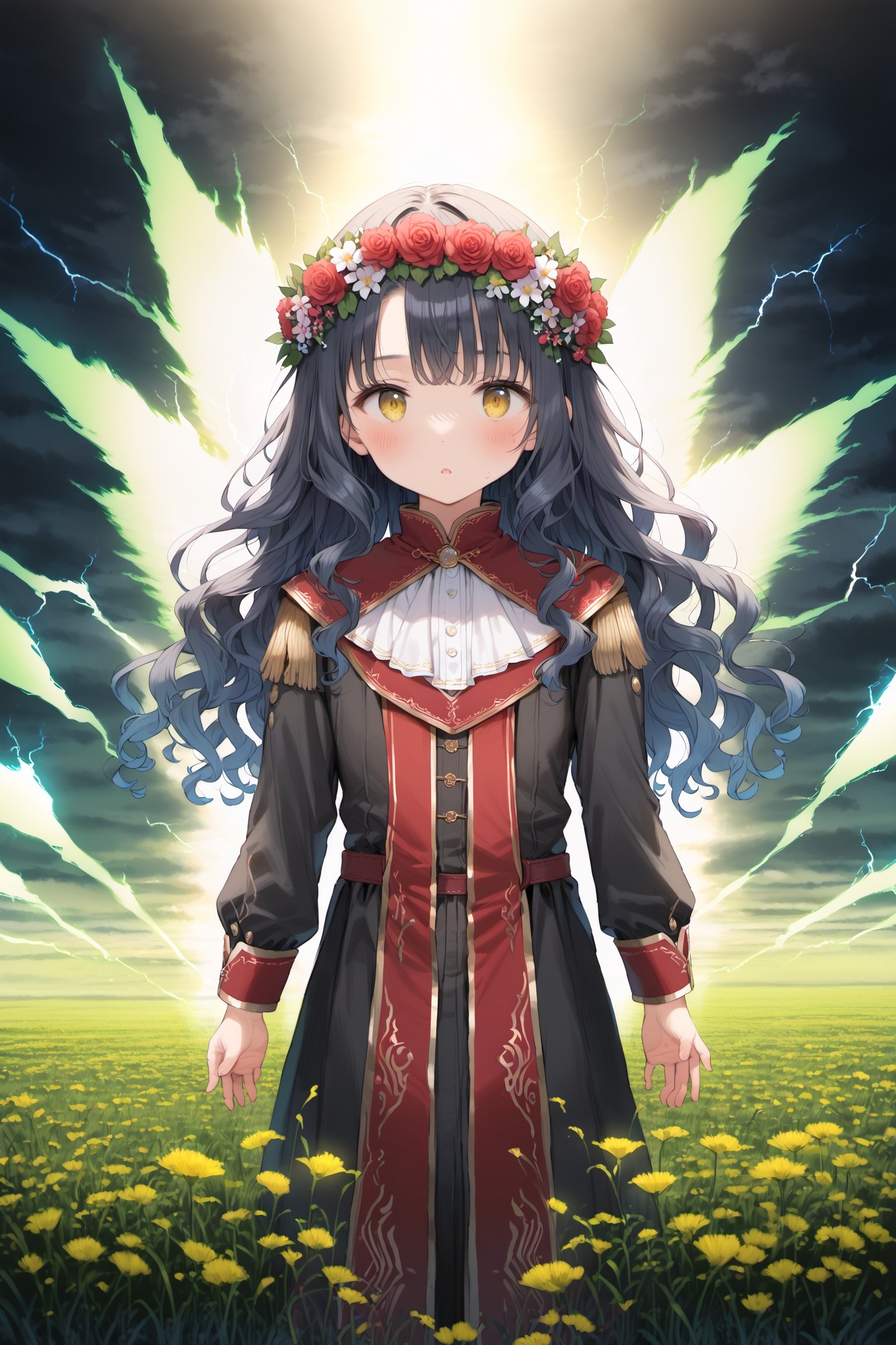 A young goddess with long wavy hair, standing in a flower field of tall grass. She is wearing a dark robe with red details, standing in the middle of the field (flower crown on her head) . She is surrounded by a swirling vortex of lightning energy, thunder and lighting. A windstorm is sweeping debris creating a whirlwind. The sun is setting behind the character creating a glowing aura around her, centered, perfect framing and composition. Epic shot, dramatic lighting, dynamic angle, (4k), (masterpiece) , (best quality), (extremely intricate), (realistic) , (sharp focus) , (award winning) , (cinematic lighting) , (extremely detailed)