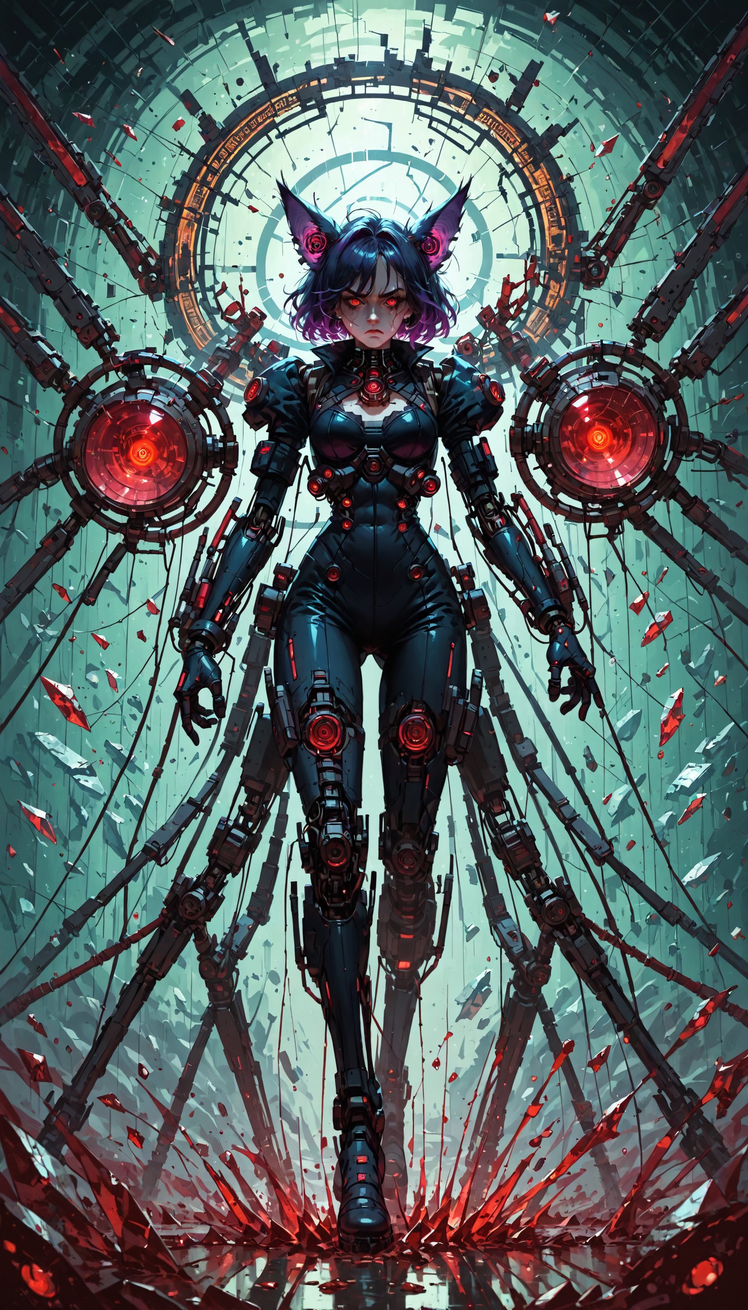 score_9,score_8_up,score_7_up,source_anime, BREAK (masterpiece), best quality, expressive energy, perfect geometric form, Vex race, glass-like exoskeleton with triangular motifs, glowing red eyes, intricate mechanical design, standing tall, dynamic lighting, full body shot, unique angle, closer, holding a futuristic weapon, glass shards floating around, dark Vault of Glass raid background with a portal, powerful and ominous presence.