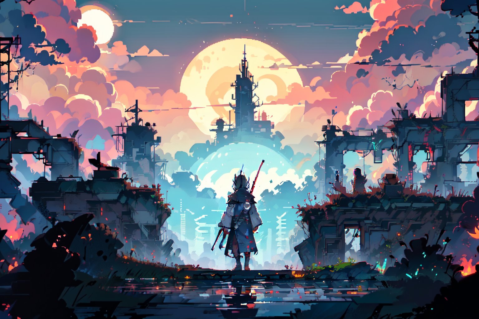 A dark and foreboding outdoor scene, inspired by Bungie's Destiny. The setting sun casts long shadows across the ancient ruins, with crumbling structures looming in the background. In the foreground, a lone Guardian stands vigilant, equipped with a trusty rifle and helmet, ready to face whatever dangers lie ahead. The atmosphere is tense and ominous, with dark clouds gathering on the horizon. pixel-world.