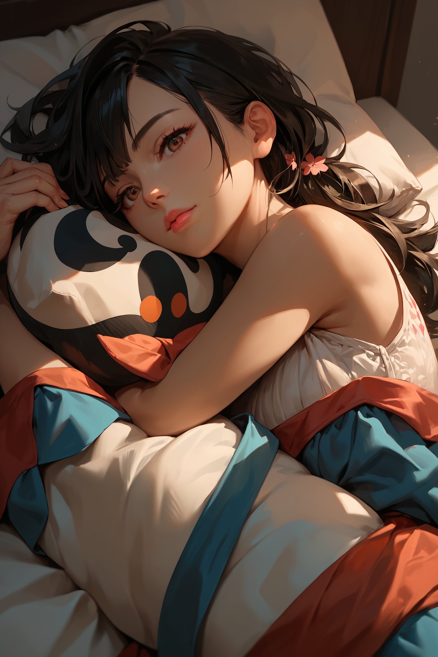 score_9, score_8_up, score_7_up, score_6_up, score_5_up, score_4_up, anime_source, (masterpiece), best quality, best face, pink lips, brown eyes, black hair, small bust, attention to detail face, extremely attractive girl. She is sleeping AND HOLDING A PILLOW