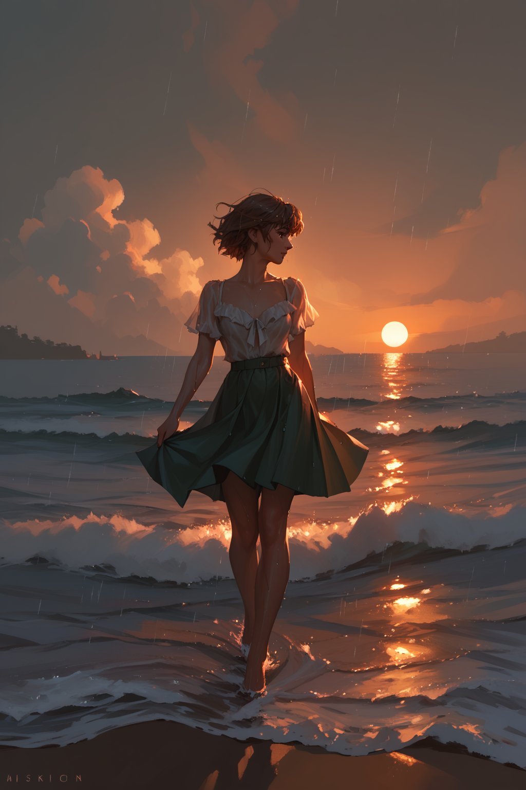 (score_9,score_8_up,score_7_up),1girl, solo, small_sized_chest, 80s_short_dark_brown_hair, dark_brown_eyes, half Irish half English ethnicity, light skin complexion, 21 years old, skirt style , silhouette, sunset, beach, rainy, picturesque, covering groin