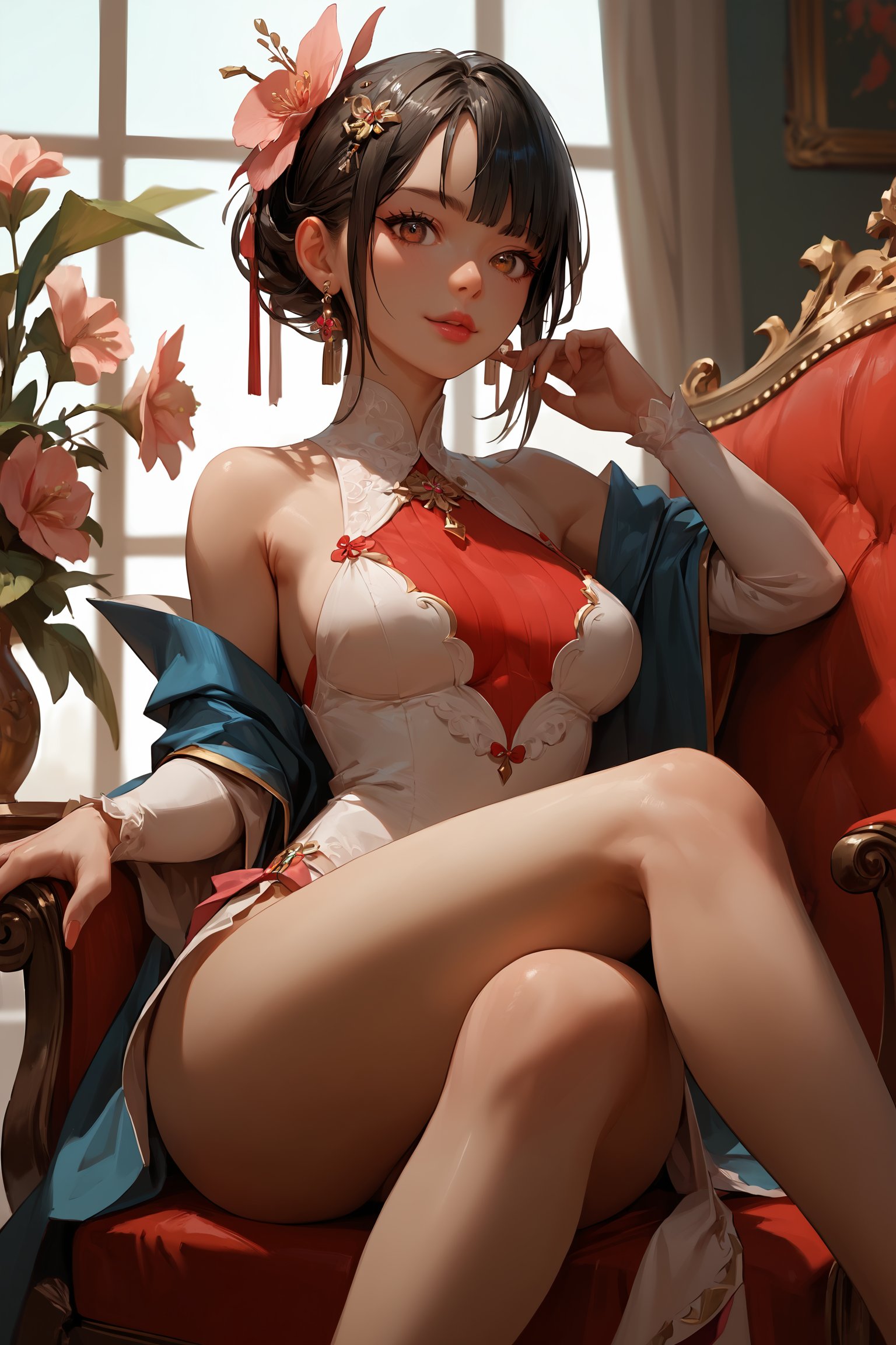 score_9, score_8_up, score_7_up, score_6_up, score_5_up, score_4_up, anime_source, (masterpiece), best quality, best face, pink lips, brown eyes, black hair, small bust, attention to detail face, extremely attractive girl. She is sitting on a chair with legs wide open 