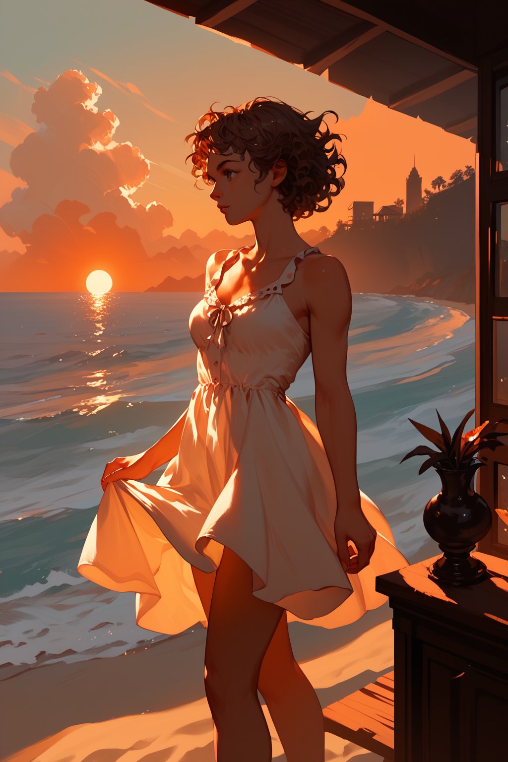 (score_9,score_8_up,score_7_up),1girl, solo, indoors, medium_sized_chest, curly_short_dark_brown_hair, dark_brown_eyes, half Irish half English ethnicity, light skin complexion, 31 years old, sundress, silhouette, sunset, beach, windy, picturesque