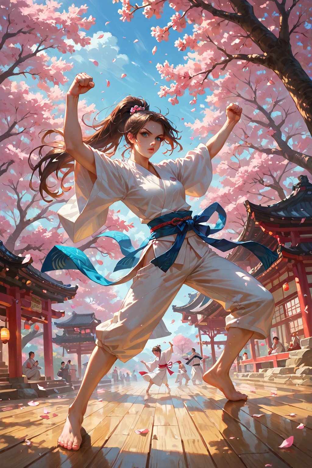 score_9,score_8_up,score_7_up,source_anime, BREAK (masterpiece), best quality. Create an image of a martial artist woman with a youthful and athletic appearance. She has long, flowing brown hair tied back in a high ponytail, and she is wearing a traditional karate gi with a blue belt tied firmly around her waist. Her bright blue eyes reflect determination and strength. She stands in a fighting stance, with one fist raised and her feet planted firmly on the ground. The setting is a sunlit dojo, with wooden floors and paper lanterns casting soft light. In the background, cherry blossom trees are in full bloom, their petals gently floating through the air, adding a serene contrast to her powerful stance. Her expression is calm yet focused, ready for the next move.