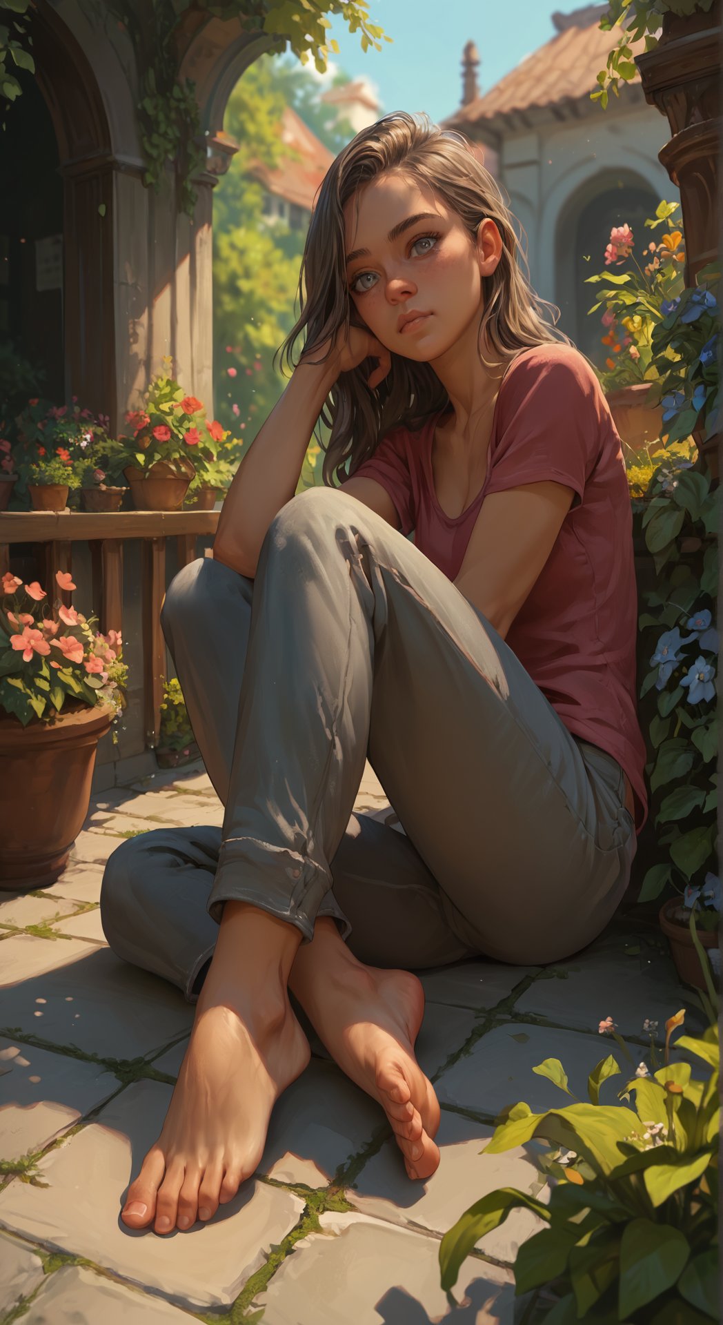 score_9, score_8_up, score_7_up, BREAK, beatiful woman, garden, portrait, highly detailed, detailed skin, grey eyes, pants, bare feet, feet focus