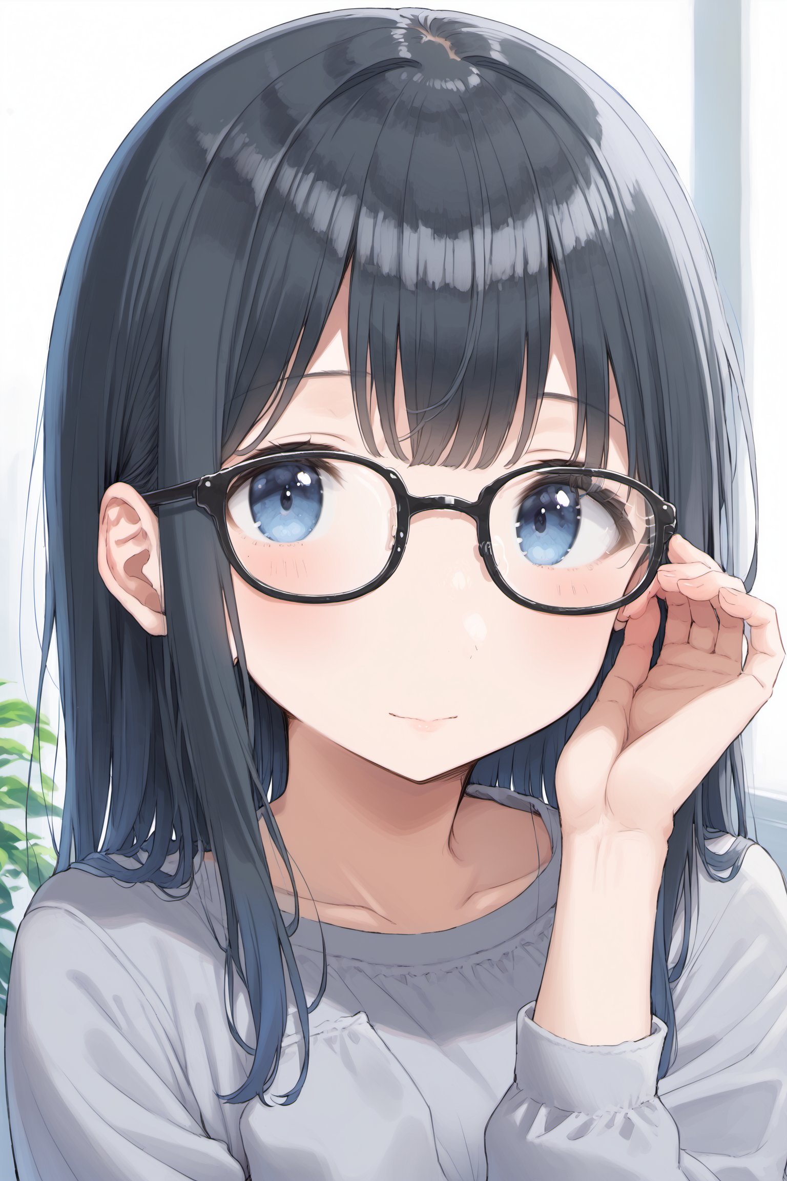 masterpiece, best quality:1.4), portrait Solo, female, woman, european, blue eyes, glasses, soft hair, black hair, ,lon bangs, long black hair, pale skin, casual clothes, cute,