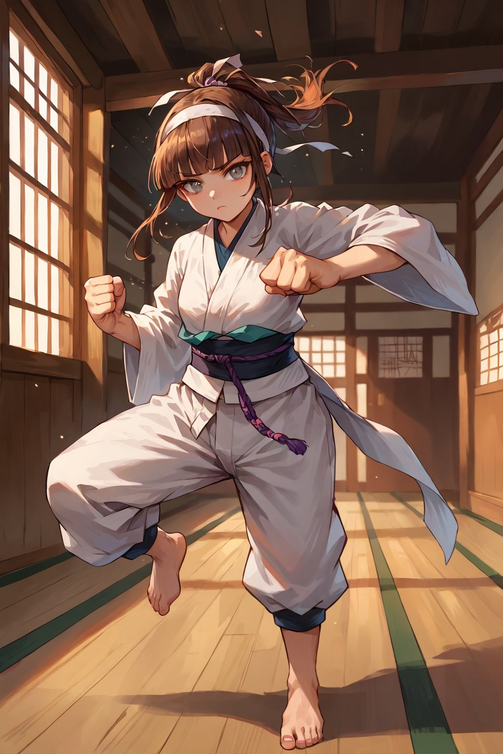 score_9,score_8_up,score_7_up,source_anime, BREAK (masterpiece), best quality. Create an image of a martial artist woman (half japanese half german) with a youthful and curvy appearance. She has long, flowing brown hair using a white headband and blunt bangs , and she is wearing a traditional karate gi with a black belt tied firmly around her waist. Her bright grey eyes reflect determination and strength. She stands in a fighting stance, with one fist raised and her feet planted firmly on the ground. The setting is a indoors dojo, with wooden floors. 