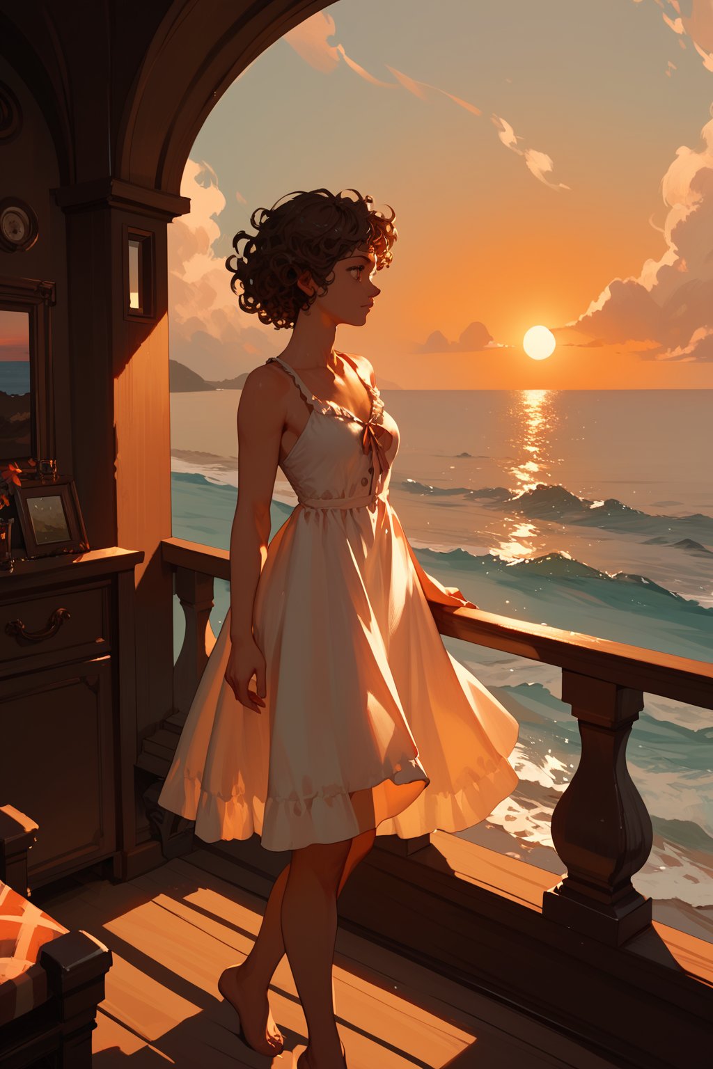 (score_9,score_8_up,score_7_up),1girl, solo, indoors, medium_sized_chest, curly_short_dark_brown_hair, dark_brown_eyes, half Irish half English ethnicity, light skin complexion, 31 years old, sundress, silhouette, sunset, beach, windy, picturesque