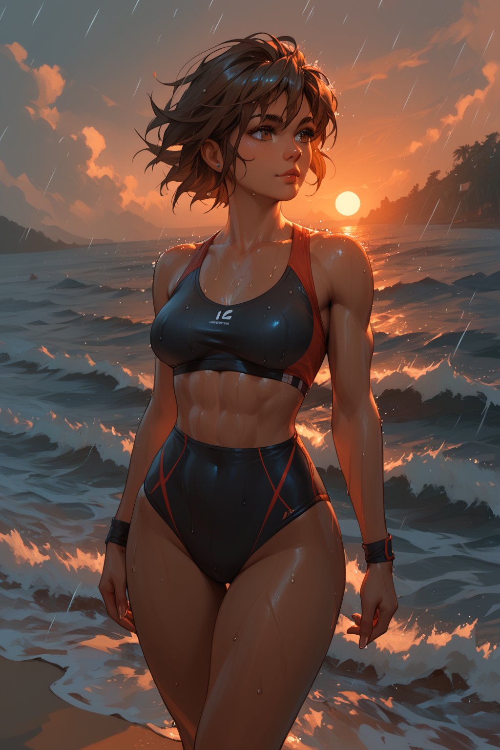 (score_9,score_8_up,score_7_up),1girl, solo, small_sized_chest, 80s_short_dark_brown_hair, dark_brown_eyes, half Irish half English ethnicity, light skin complexion, 21 years old, 80s fitness workout clothing style , silhouette, sunset, beach, rainy, picturesque