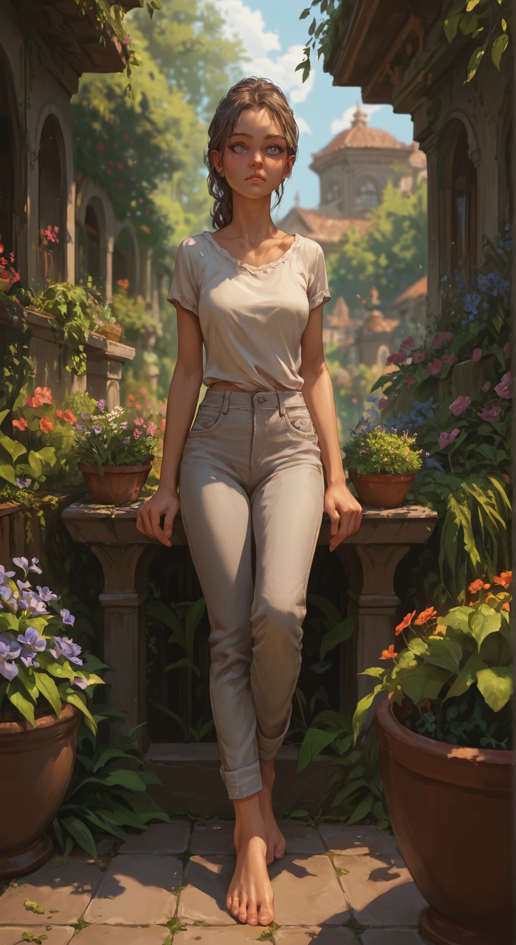 score_9, score_8_up, score_7_up, BREAK, beatiful woman, garden, portrait, highly detailed, detailed skin, grey eyes, pants, bare feet,