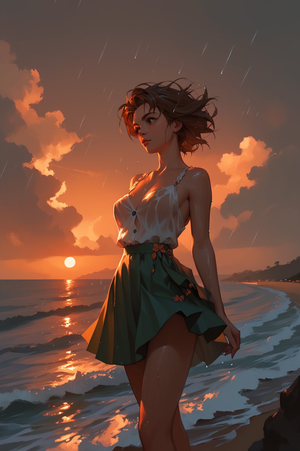 (score_9,score_8_up,score_7_up),1girl, solo, small_sized_chest, 80s_short_dark_brown_hair, dark_brown_eyes, half Irish half English ethnicity, light skin complexion, 21 years old, skirt style , silhouette, sunset, beach, rainy, picturesque, covering groin