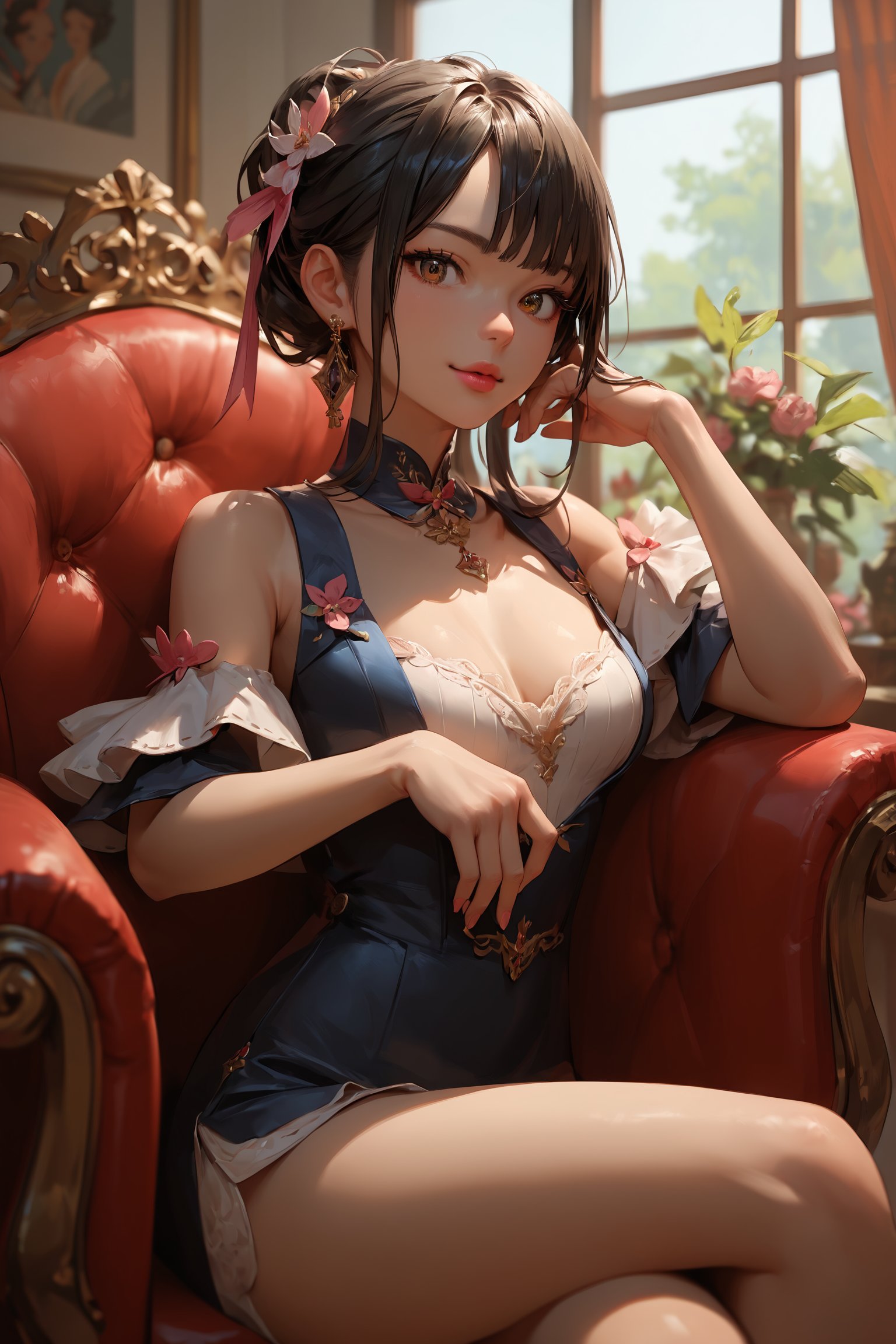 score_9, score_8_up, score_7_up, score_6_up, score_5_up, score_4_up, anime_source, (masterpiece), best quality, best face, pink lips, brown eyes, black hair, small bust, attention to detail face, extremely attractive girl. She is sitting on a chair with legs wide open 