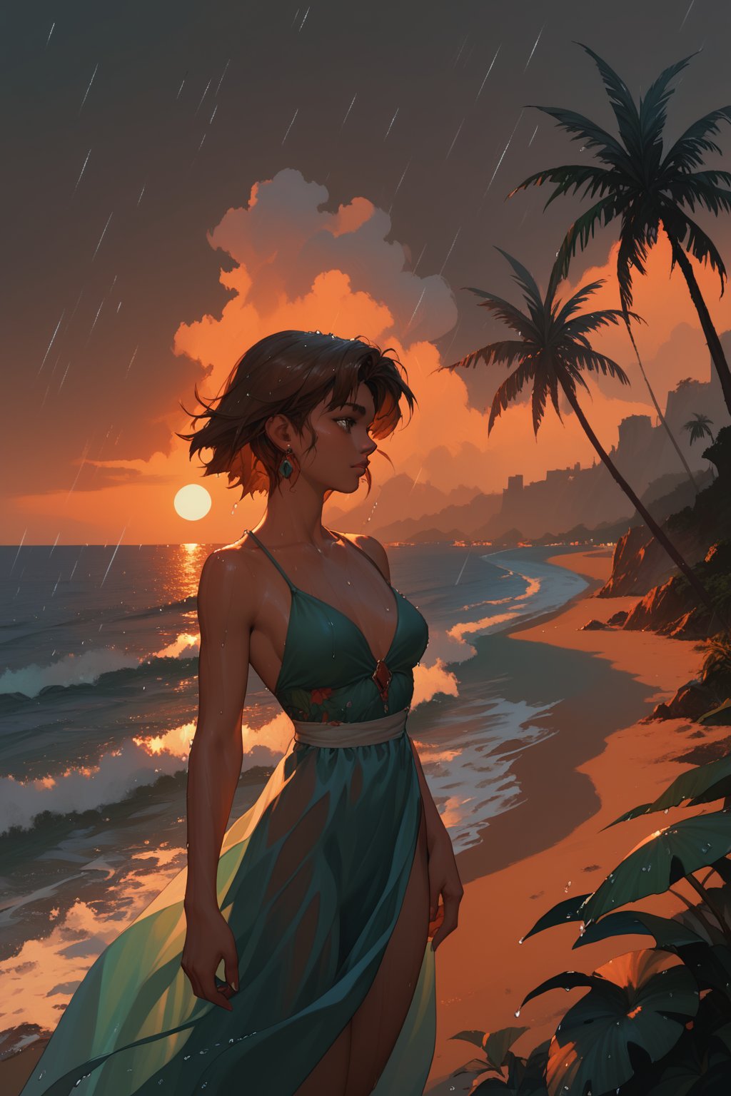 (score_9,score_8_up,score_7_up),1girl, solo, small_sized_chest, 80s_short_dark_brown_hair, dark_brown_eyes, half Irish half English ethnicity, light skin complexion, 21 years old, 80s clothing style , silhouette, sunset, beach, rainy, picturesque