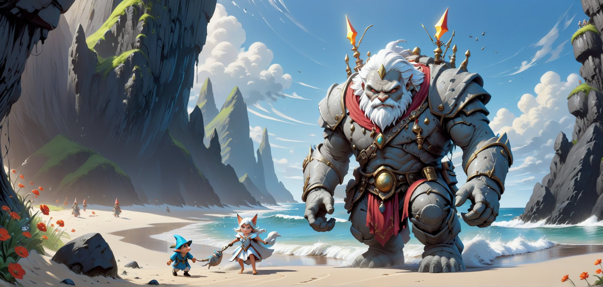 A highly detailed (stone golem) walking toward the camera with a lifeless expression, while a tiny (gnome sorceror riding on the golem's shoulder), A leash being held to restrain a (fox girl), who is runninga head of the him. Flowing waves from the sea can be seen in the distance as they walk along a shimmering sandy beach.,SelectiveColorStyle,moonster,Dreamyvibes Artstyle