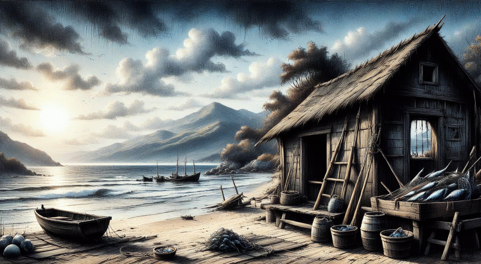 A fisherman's hut on the seashore, fish drying on a rope, hanging fishing nets are drying, a wooden boat on the shore, an old man sitting by a broken wooden trough,,
high resolution and contrast and colour contrast,  dark palette,  intricately textured and extremely expressively detailed, detailmaster2,  fine artwork,  ultra quality,  epic view ,CharcoalDarkStyle,charcoal drawing,ink art,line art illustration