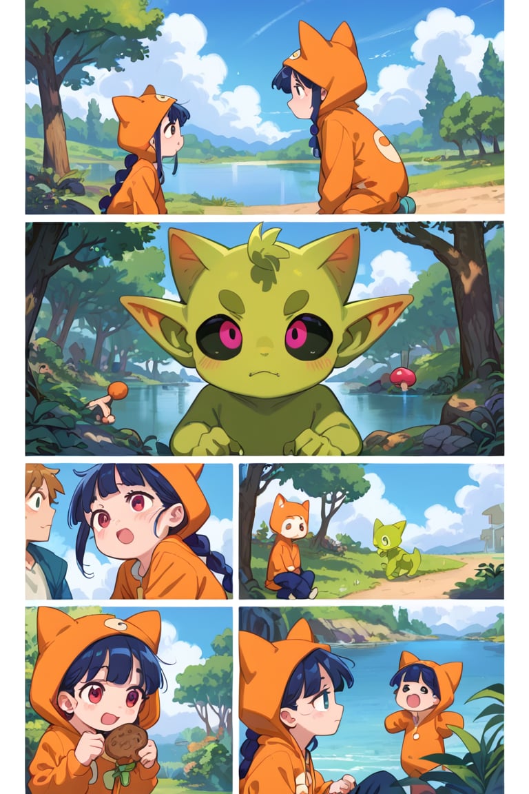 score_9, score_8_up, score_7_up, score_6_up, 

loli,child girl, onesie

strong,comic, ,comic_page,comic_page,comic ,comic_page,comic,

A girl wearing a goblin onesie and a boy wearing a cat onesie looking for the perfect robot hero,  beautiful peaceful woods
looking in the bushes, looking by the lake, finding a cute monster with lots of spikes, holding a pet rock