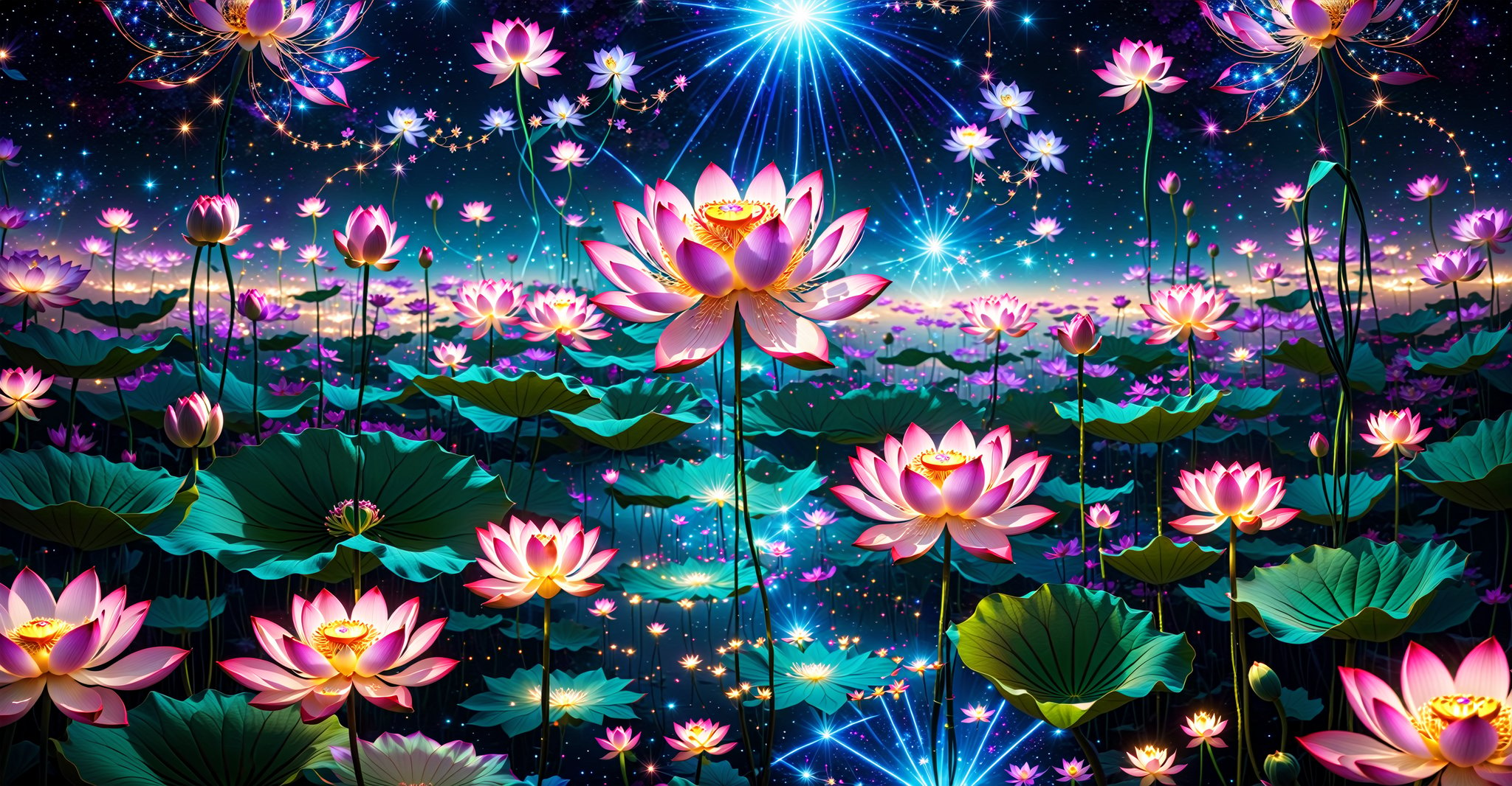 geometric floral world consisting of threads of light and lotus flowers, radiation of flowers in space, luminous thread-like floral patterns fill the entire space, landscape design consisting of flowers
,Disney pixar style