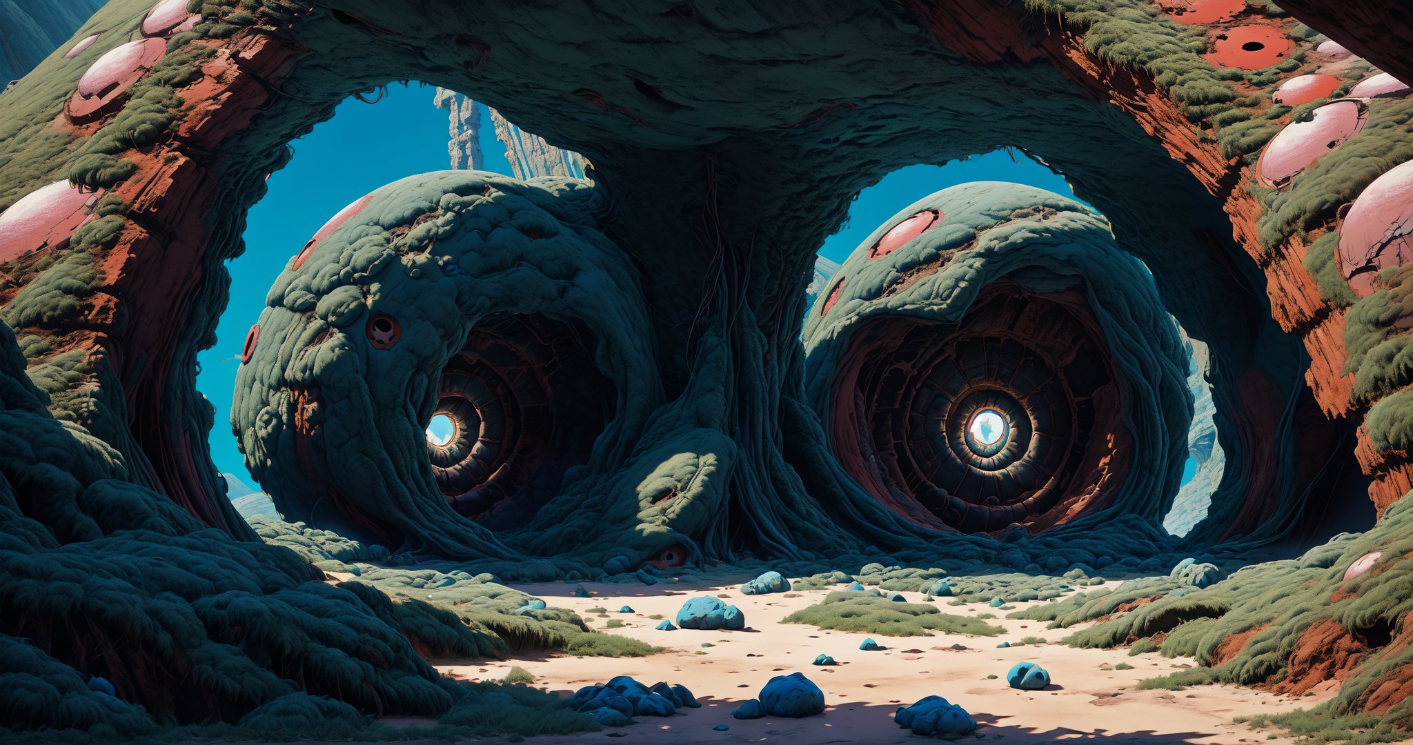 masterpiece, high quality, highres, 2D, illustration, anime, landscape of a cave, Aboriginal stone spherical huts, round windows, 
,disney pixar style,Color Booster,nodf_lora, BJ_Gundam,