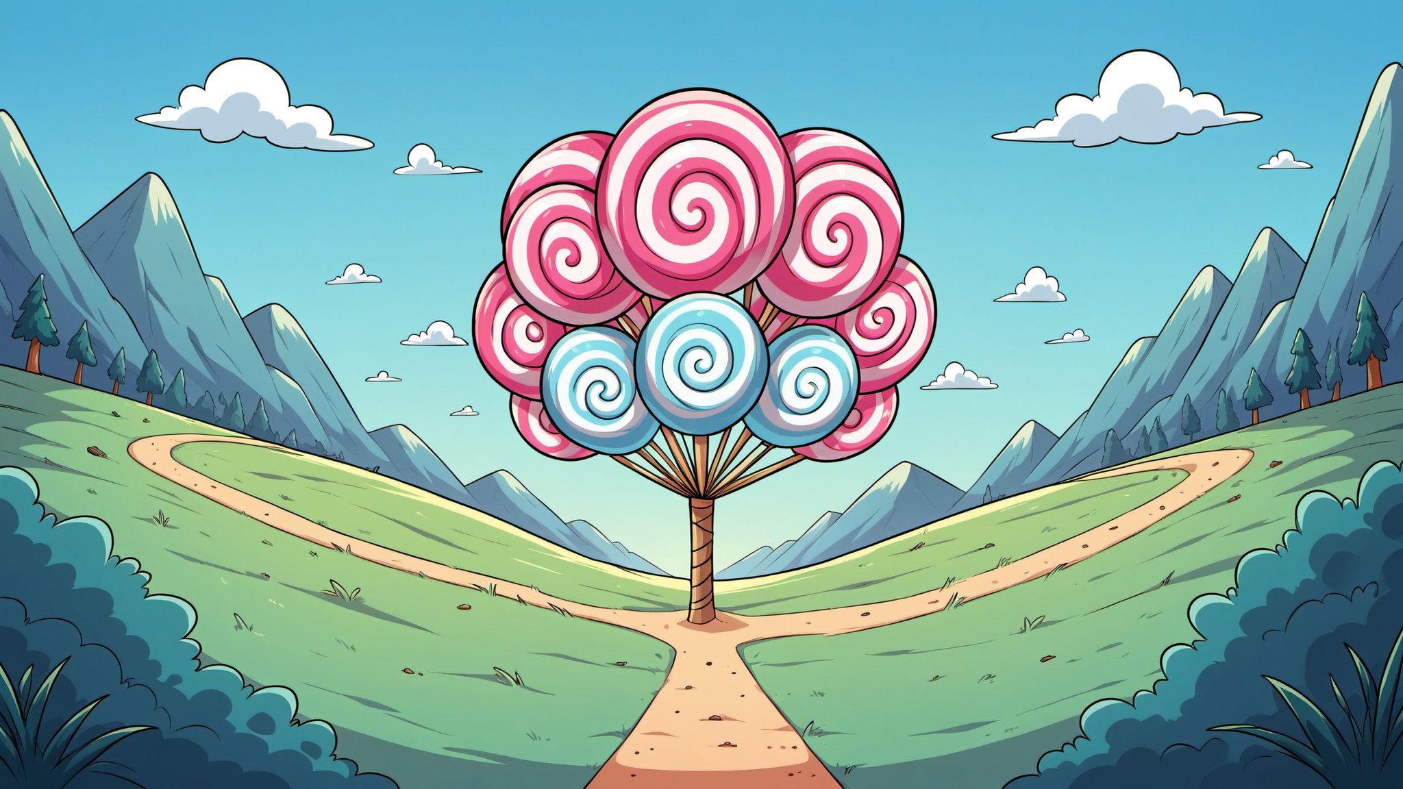 A colorful, vibrant, and whimsical cartoon world made entirely of candy, sweets, and desserts, inspired by the style of 'Wreck-It Ralph.' The scene is filled with towering candy canes, gumdrop mountains, and chocolate rivers, all rendered in bright, saturated colors. The sky is a swirl of cotton candy clouds in shades of pink and blue. In the foreground, lollipop trees and gingerbread houses are decorated with icing and sprinkles, while paths paved with gummy bears and marshmallows wind through the landscape. The inhabitants of this world are playful, friendly characters made of various sweets, with exaggerated, expressive features. The atmosphere is joyful and lighthearted, with a sense of adventure and fun. Everything in this world feels soft, sweet, and inviting, creating a nostalgic and heartwarming scene that bursts with charm and energy. The overall style is lively, with a strong emphasis on bright colors, rounded shapes, and a sense of childlike wonder.