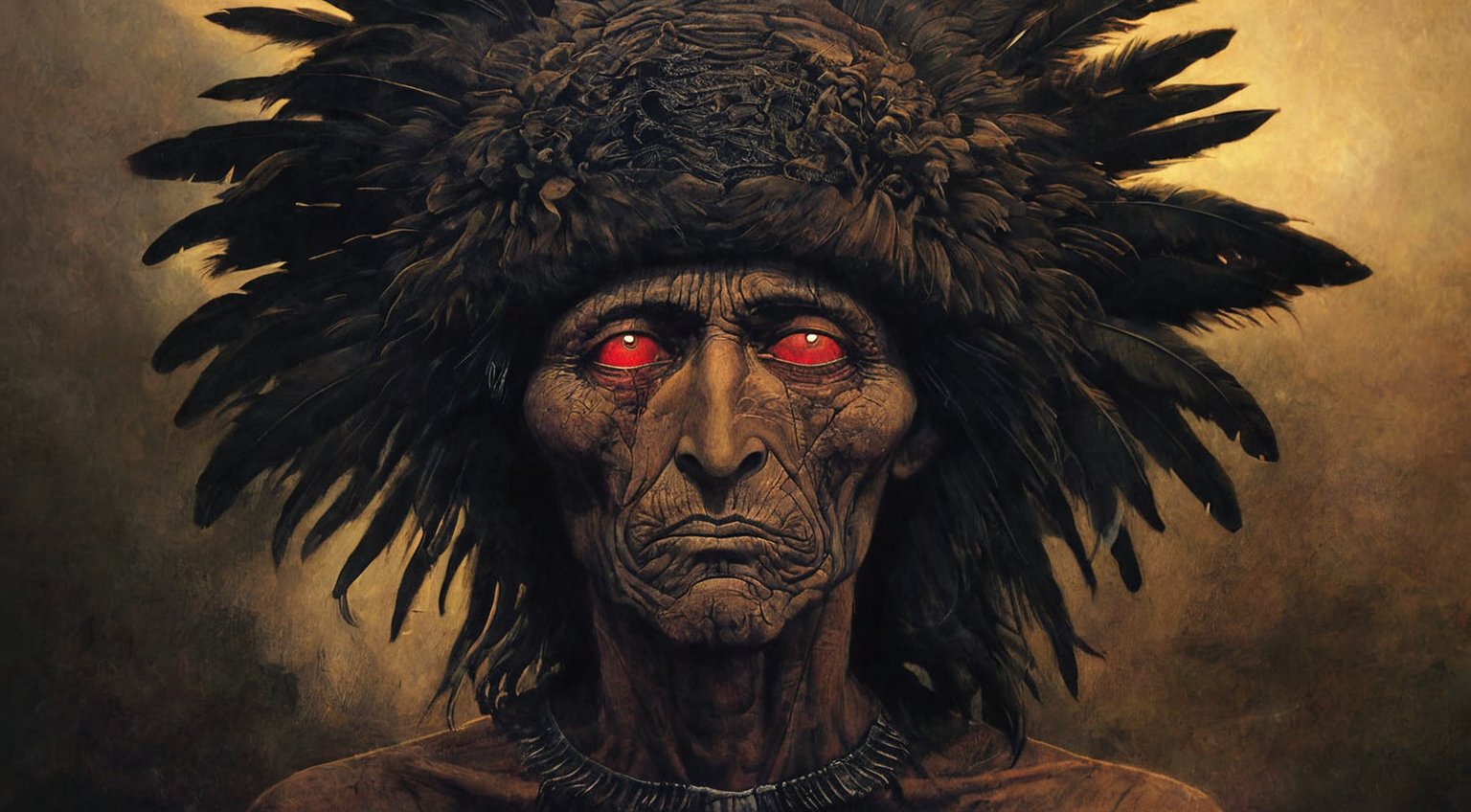  portrait of a native american old man, face, bold black outlines, extreme detailed clothes and accesories, war helmet with eagle feathers, dark shot, monochromatic, haunting, defeated, highly detailed, Indigenous, ethnic, native american, backlighting, traditional patterns, art by Zdzisław Beksiński,digital artwork by Beksinski