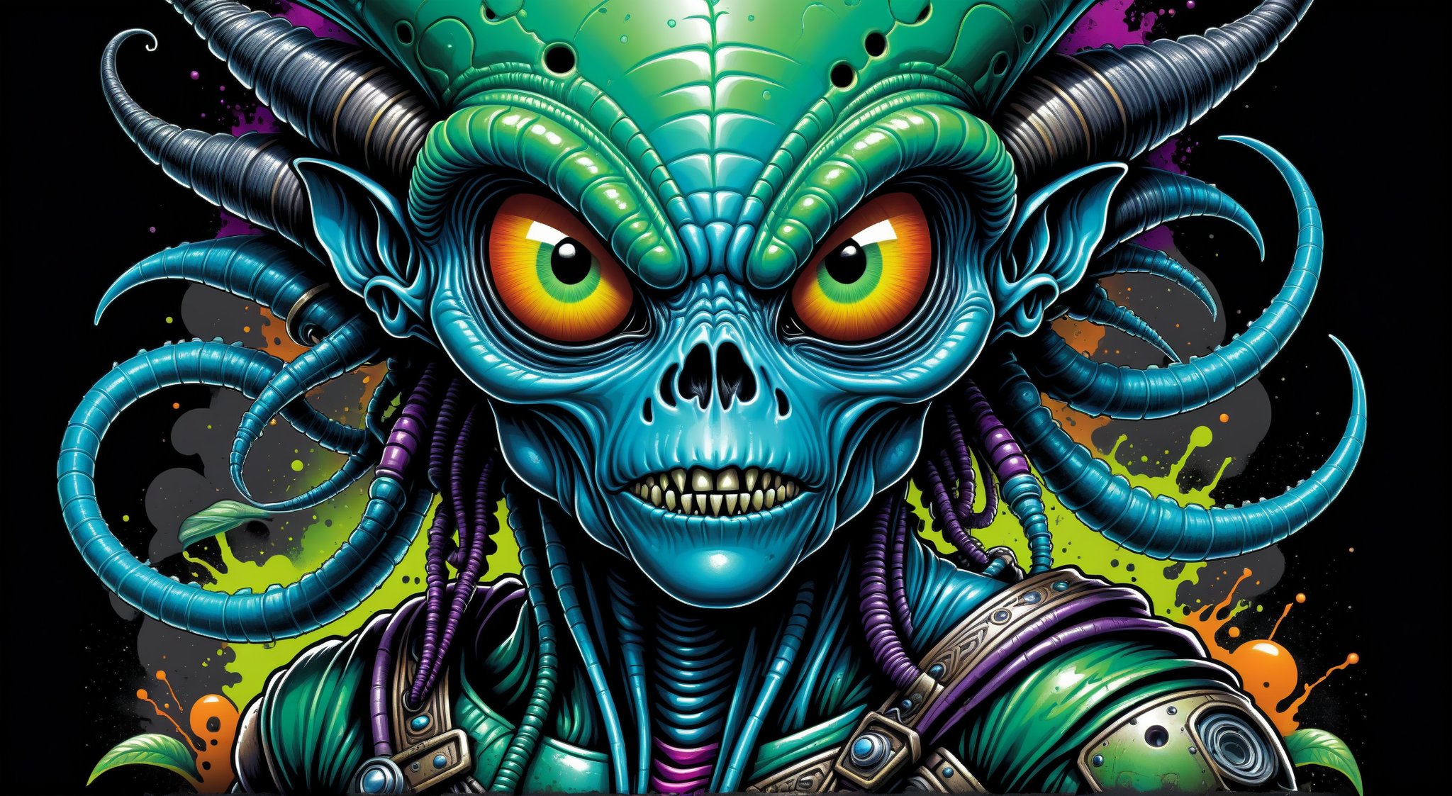 DETAILED LINES  ALIEN,  Illustration style, print ready vector t-shirt design, illustration of SCARY alien , DIGITAL PAINTING, professional vector, high detail, t-shirt design, graffiti, vibrant COLOR ,highly detailEd, bold drawing pen and ink, perfect composition, beautiful detailed intricate insanely detailed , cartoon type, comic book, STEAMPUNK ART, SPLASH PAINT ART, celtic medieval art