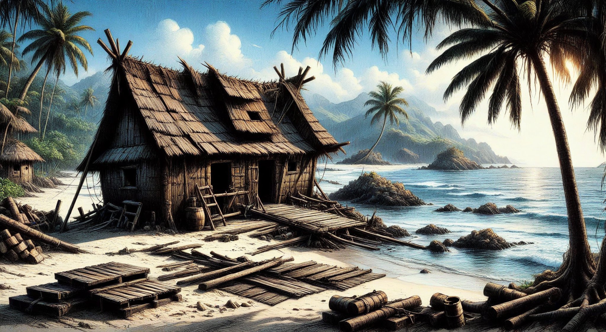 Create an emotionally charged, highly detailed illustration of Robinson Crusoe’s makeshift shelter on his deserted island, constructed from the wreckage of his ship. Depict a small, rugged hut built primarily from ship's planks, ropes, and metal parts salvaged from the shipwreck. The shelter should appear resourceful yet rudimentary, with its construction reflecting the materials used: broken shipboards, salvaged barrels, and canvas. Surround the hut with the natural elements of the tropical island, such as palm trees, sandy ground, and lush vegetation. Include signs of Robinson's ongoing efforts to improve and maintain his shelter, like freshly cut wood or patches of repaired canvas. The scene should convey a sense of isolation, survival, and ingenuity, emphasizing the contrast between the makeshift, functional nature of the shelter and the serene, wild beauty of the island environment.
high resolution and contrast and colour contrast,  dark palette,  intricately textured and extremely expressively detailed, detailmaster2,  fine artwork,  ultra quality,  epic view ,CharcoalDarkStyle,charcoal drawing,ink art,line art illustration