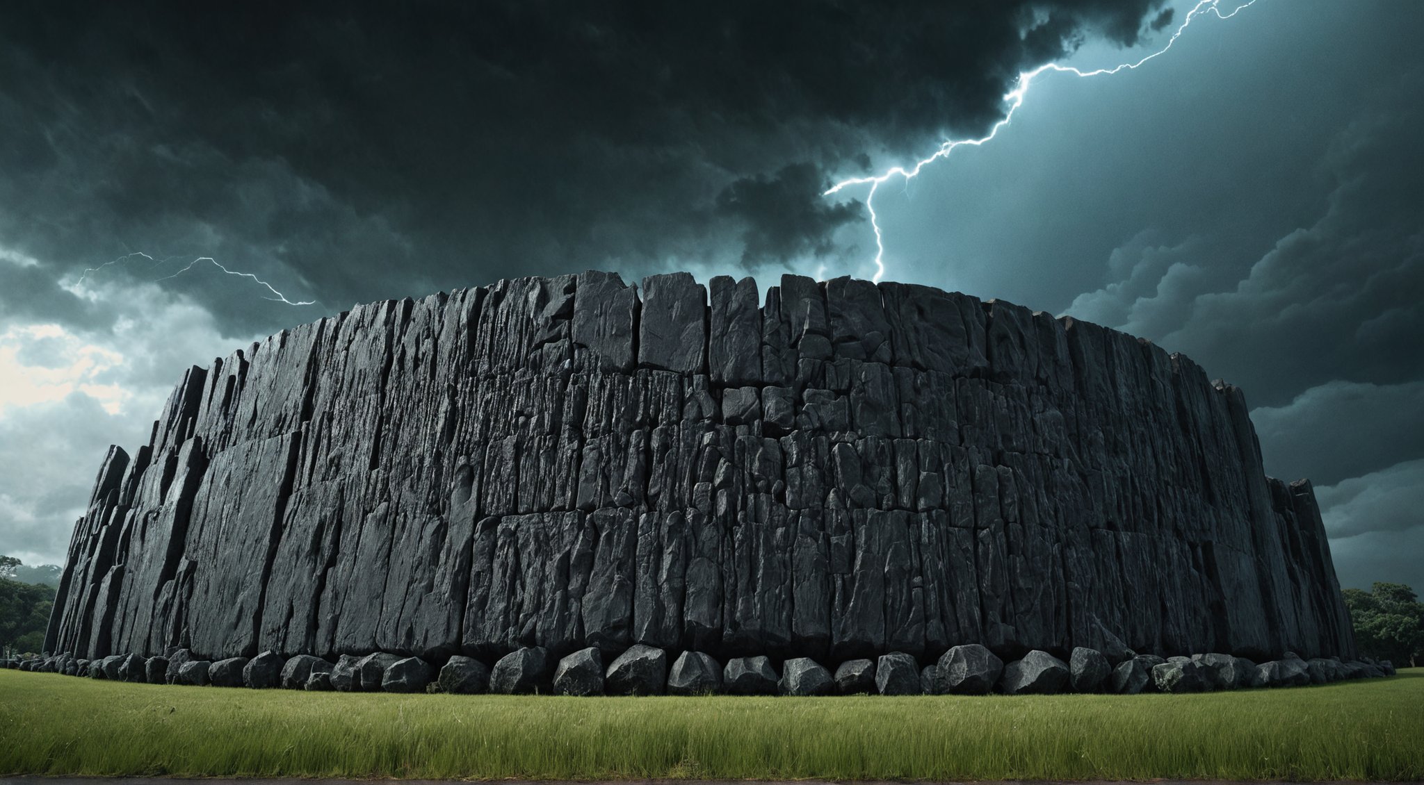 (by Ray Collins:0.7) , Digital art, landscape of The Rosetta Stone, Pretty, Thunderstorm, Cybergoth Art, flat lighting