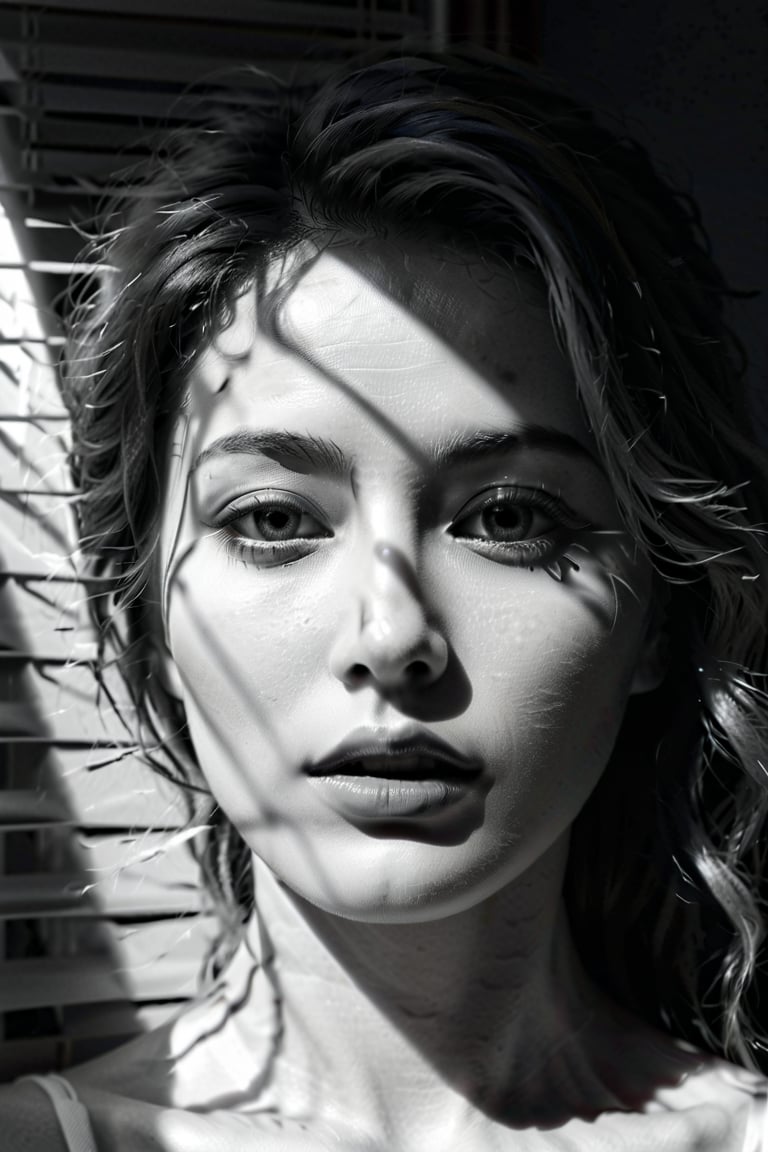 photorealistic, 35mm, intricate details, hdr, Create a black and white image of a female face partially covered by shadows cast by venetian blinds. The shadows from the blinds create diagonal light and dark lines crossing the face, particularly highlighting the eyes and lips. The facial expression is serious and enigmatic, with dramatic lighting that accentuates the contours and textures of the face. The image has high contrast, emphasizing the difference between light and shadow, and the composition is artistic and sophisticated 