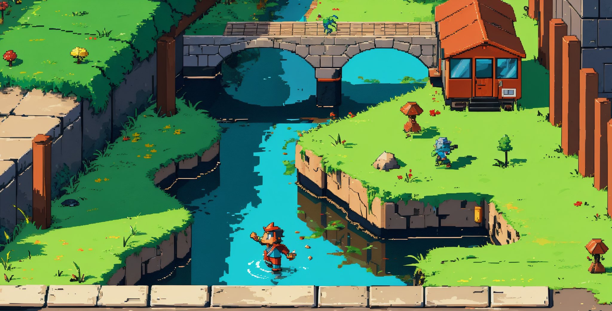 a pixel isometric game in which a microdinosaur runs along a narrow bridge or blade of grass