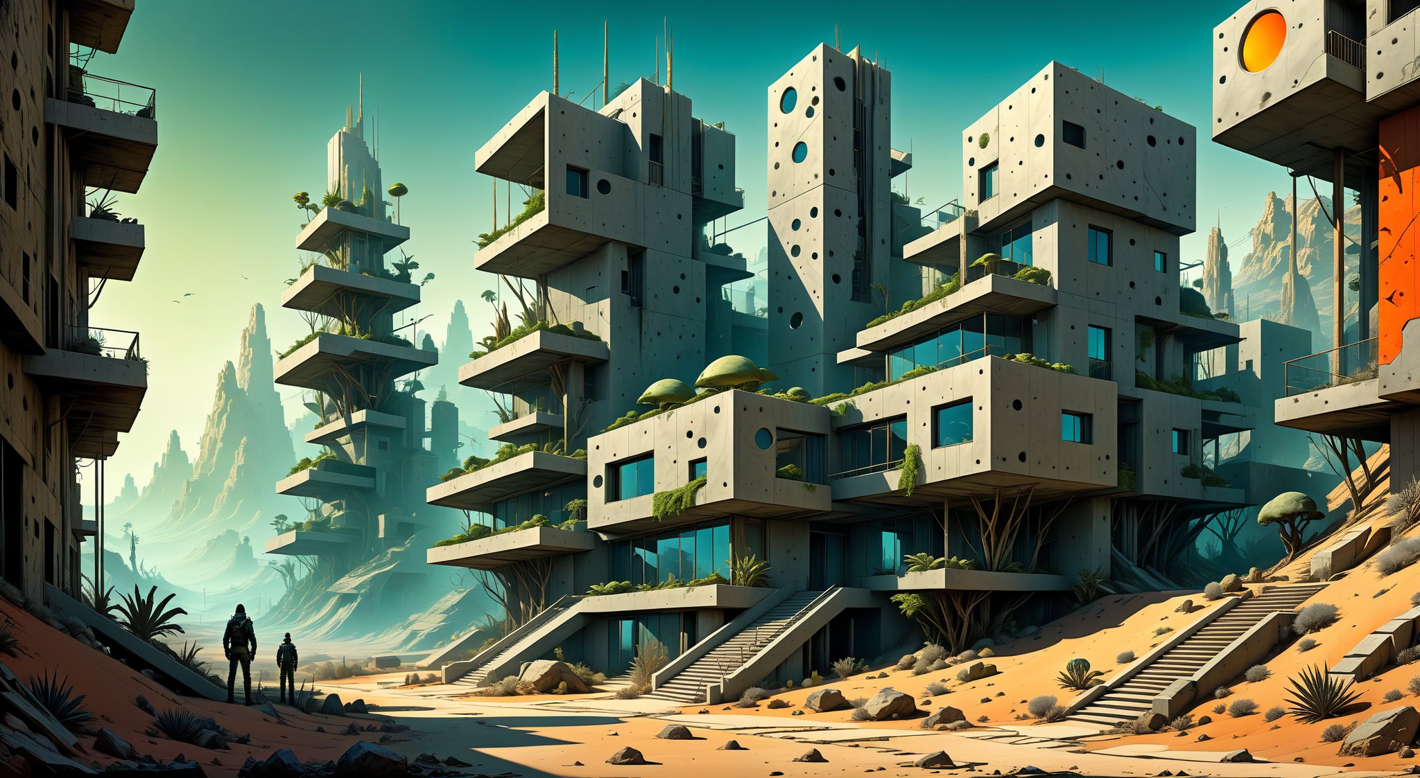  series offers a captivating glimpse into the dwellings of two distinct alien races, each residing in vastly different environments. One race inhabits the lush, enigmatic forests, while the other occupies the stark, arid deserts. Despite their contrasting habitats and divergent worldviews, their architectural designs reveal striking similarities.The visions of psychotropic manifestations resulting from negative thoughts, abstract surreal constructivism, subtle contrasting colours, minimalist, extremely ultra realistic, Art Concrete, as created by Dore, Dali, Beksinski, Goya, finished art, masterpiece, trending on Artstation.