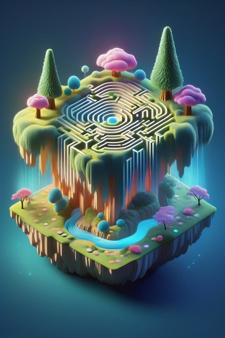 Game sheet of maze, floating island,3d, isometric, dreamy color palette, inspired by Pixar". Sign that says "Happy Birthday to You"