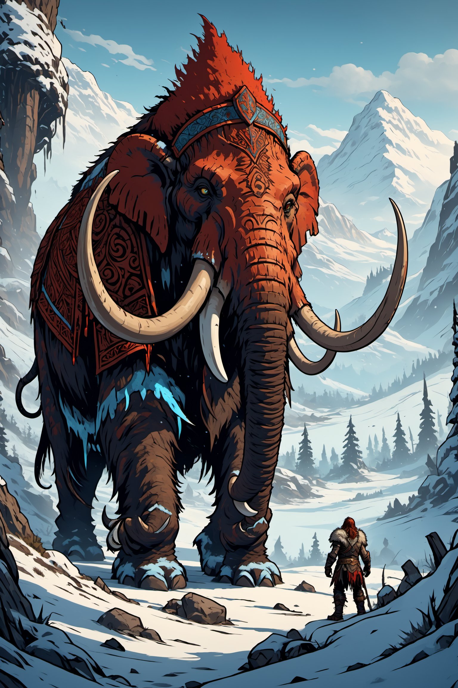 highly detailed and dramatic scene, a towering fluffy red mammoth warrior in a snowy mountain, DnD style, the mammoth warrior stands proudly, its massive form clads in rugged tribal armor made of bones and leather and metal, its tusks are adorned with intricate carvings and glowing runes, and it wields a gigantic ornate battle axe, Snow falls gently around the warrior, and the mountain is dense with tall snow-covered trees, The ground is blanketed in snow, The atmosphere is tense and mystical, cold blue-tinted light filtering through the trees, The mammoth's eyes glow