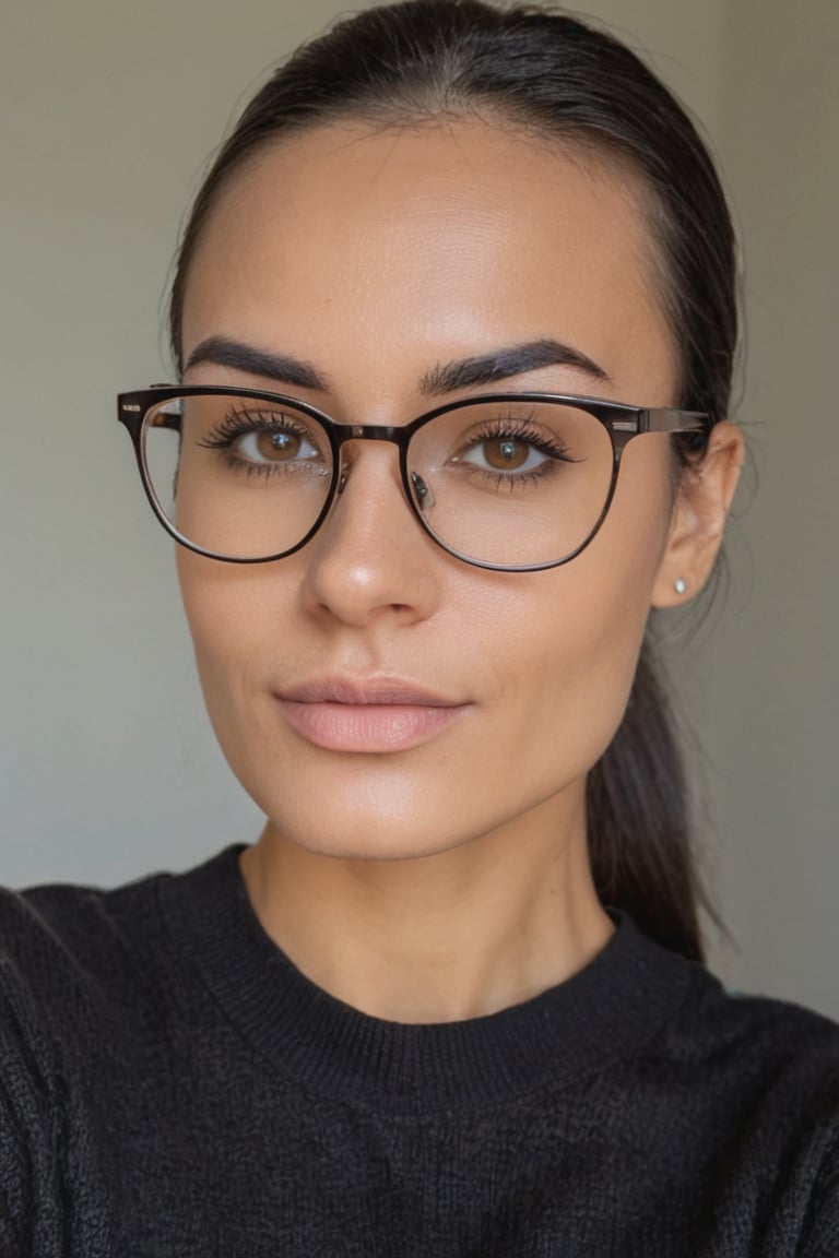 A woman with honey eyes, black eyebrows, black hair, bronze skin, attractive and sexy face, about thirty years old ،,LinkGirl,18 years old glasses woman