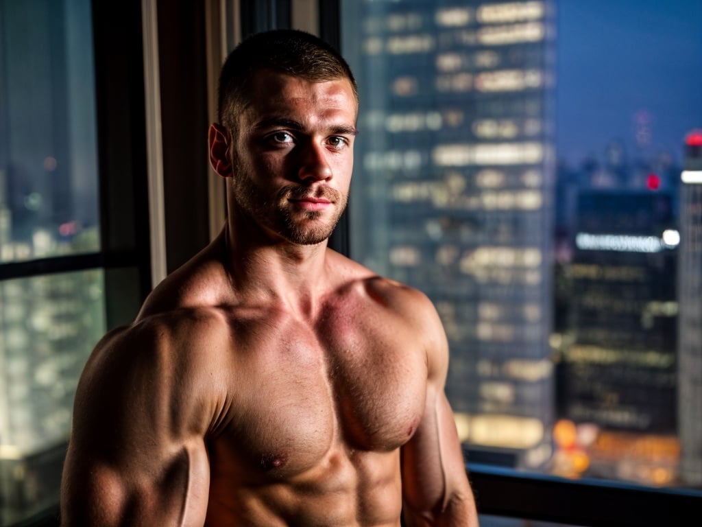 close portrait shot, a young muscular european handsome man, in a luxury room with a big windowed skyscrappers view, shadows accentuating muscles, buzz cut, perfect eyes, (at night):2, photography, masterpiece, 4k ultra hd, soft lighting, extremely realistic, noise-free realism, sigma 85mm f/1.4