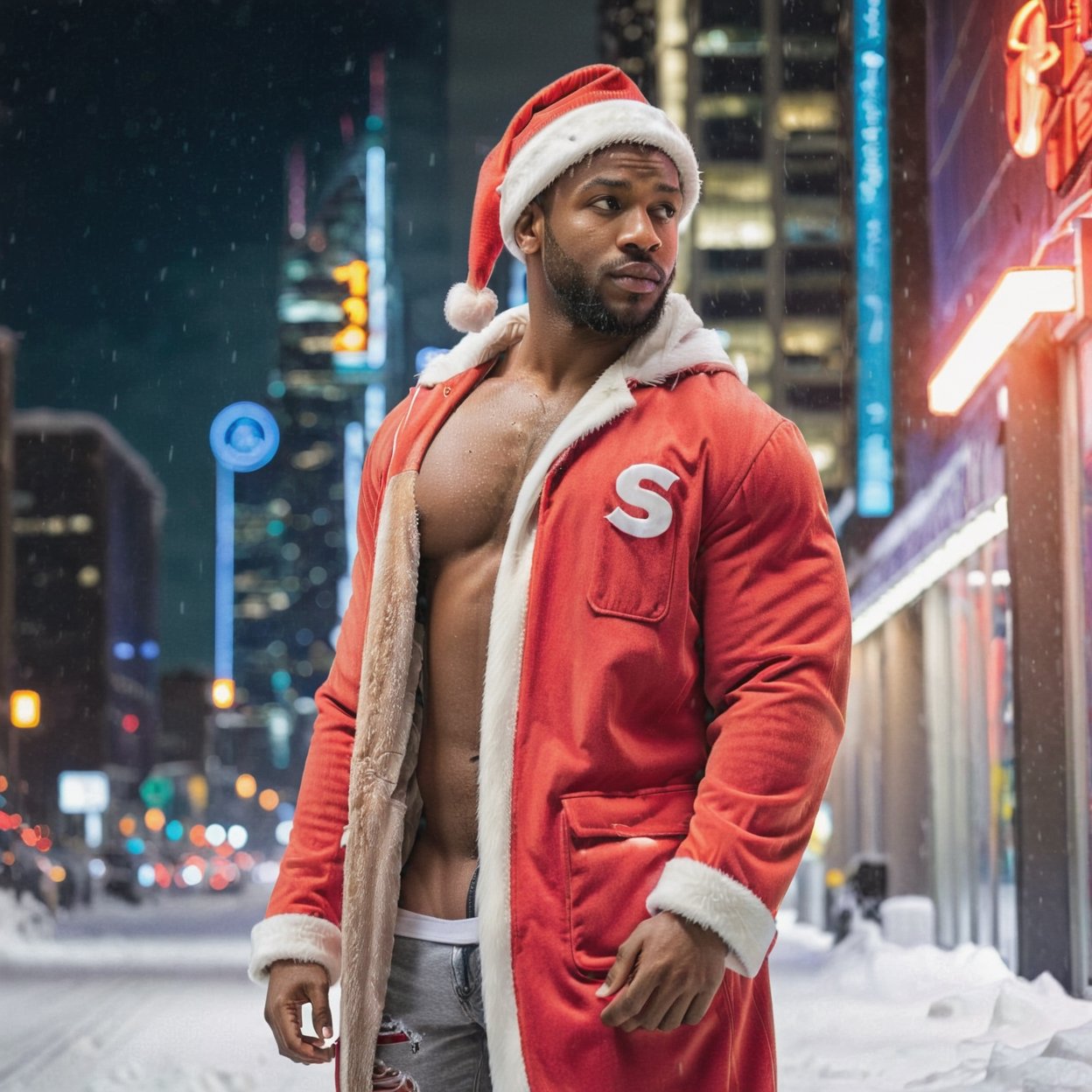 portrait shot, a photograph of a dark skin bearded handsome muscular male teenager wearing santa coat and santa hat, in a snowy cyberpunk city, neon lights, skyscrappers, perfect eyes, (at night):2, confident pose, photography, masterpiece, 4k ultra hd, soft lighting, extremely realistic, noise-free realism, sigma 85mm f/1.4, sexy muscular,Extremely Realistic,more saturation 