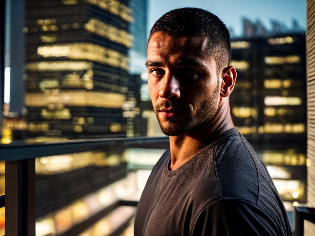 close portrait shot, a dark skin muscular european handsome man, in a luxury room with a big windowed skyscrappers view, shadows accentuating muscles, buzz cut, perfect eyes, (at night):2, photography, masterpiece, 4k ultra hd, soft lighting, extremely realistic, noise-free realism, sigma 85mm f/1.4