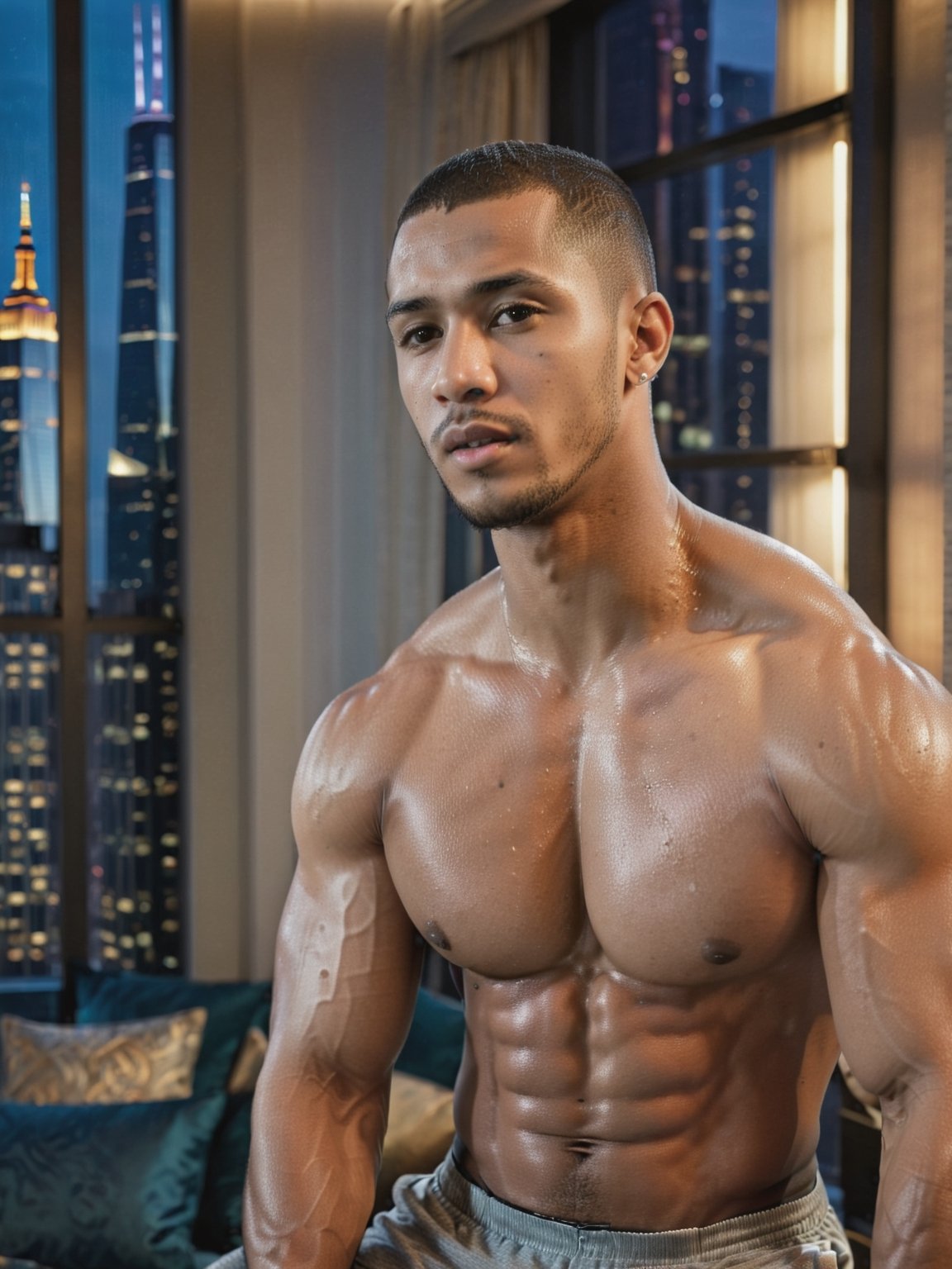 portrait shot, a young ebony athletic handsome man, in a luxury hotel room with a big windowed skyscrappers view, shadows accentuating muscles, buzz cut, perfect eyes, (at night):2, photography, masterpiece, 4k ultra hd, soft lighting, extremely realistic, noise-free realism, sigma 85mm f/1.4, sexy muscular,Extremely Realistic,more saturation 