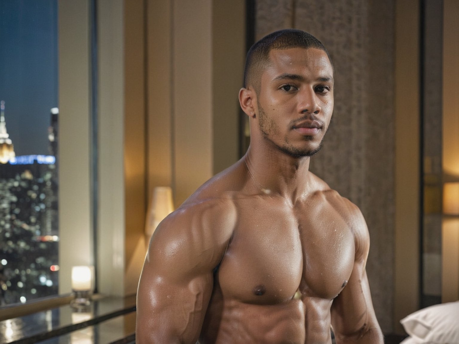 half body portrait shot, a young ebony athletic handsome man, in a luxury hotel room with a big windowed skyscrappers view, shadows accentuating muscles, buzz cut, perfect eyes, confident pose, (at night):2, photography, masterpiece, 4k ultra hd, soft lighting, extremely realistic, noise-free realism, sigma 85mm f/1.4, sexy muscular,Extremely Realistic,more saturation 