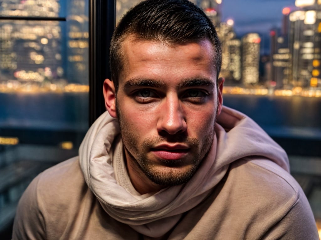 close portrait shot, a young muscular european handsome man, in a luxury hotel room with a big windowed skyscrappers view, shadows accentuating muscles, buzz cut, perfect eyes, (at night):2, photography, masterpiece, 4k ultra hd, soft lighting, extremely realistic, noise-free realism, sigma 85mm f/1.4