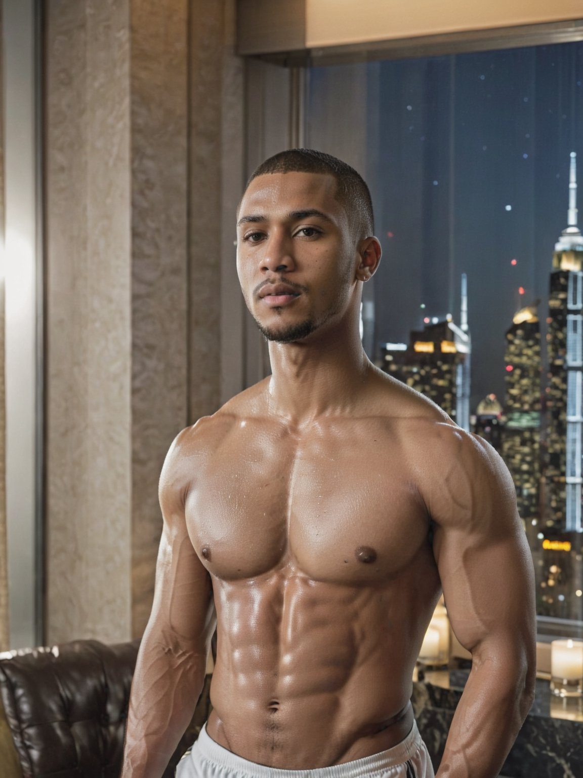 portrait shot, a young ebony athletic handsome man, in a luxury hotel room with a big windowed skyscrappers view, shadows accentuating muscles, buzz cut, perfect eyes, (at night):2, confident pose, photography, masterpiece, 4k ultra hd, soft lighting, extremely realistic, noise-free realism, sigma 85mm f/1.4, sexy muscular,Extremely Realistic,more saturation 