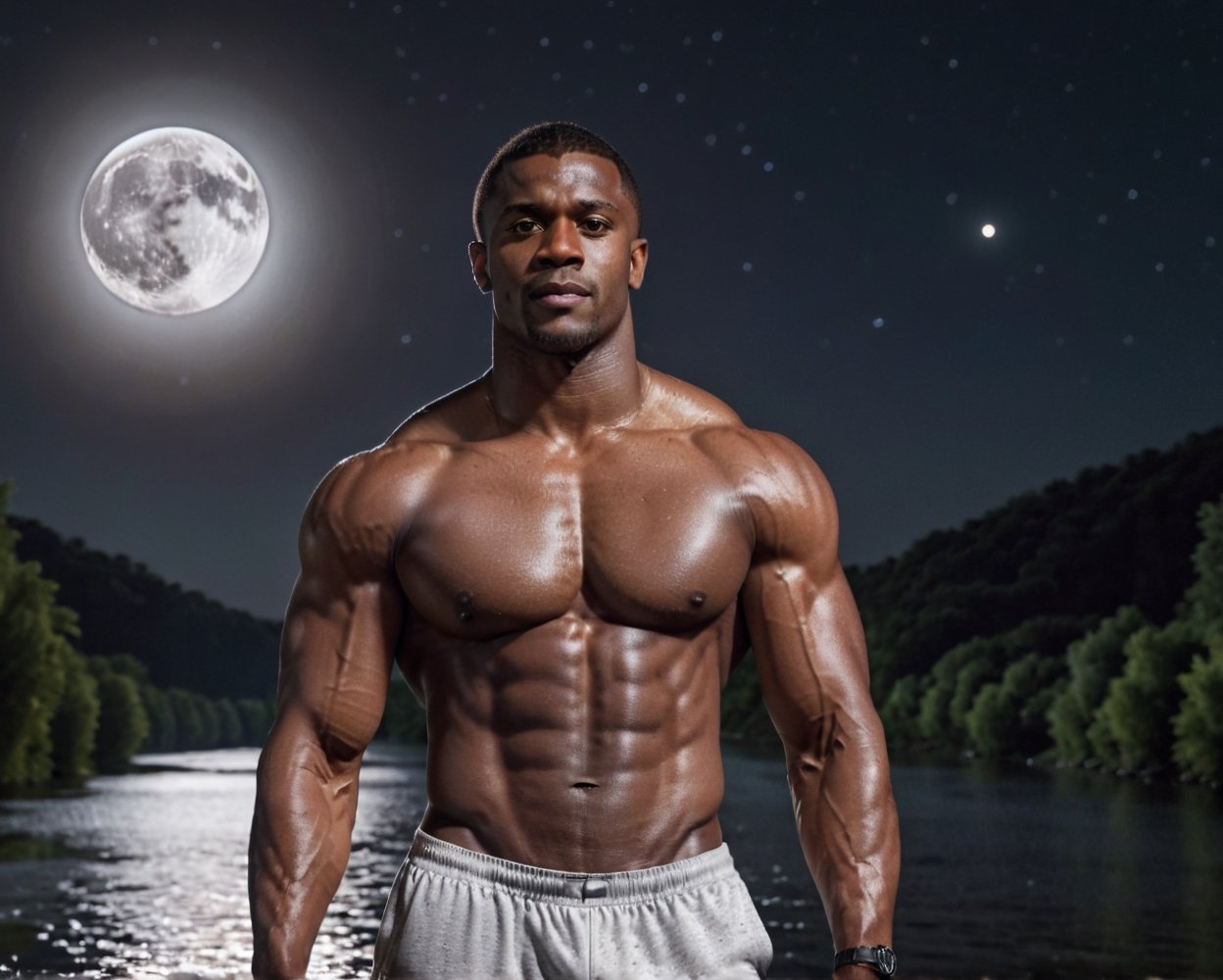 half protrait shot, a handsome dark skin muscular man standing in the moon river, pov_at_viewer, (at night):1.5, bulging biceps, chiseled physique, Arial view, photography, masterpiece, 4k, extremely realistic, noise-free realism, sigma 85mm f/1.4, more saturation